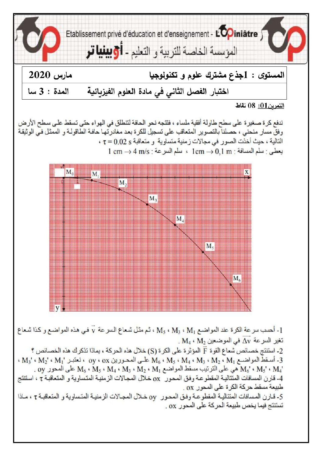 اختبار في العلوم الفيزيائية الفصل الثاني السنة الأولى ثانوي رقم 28 مع التصحيح