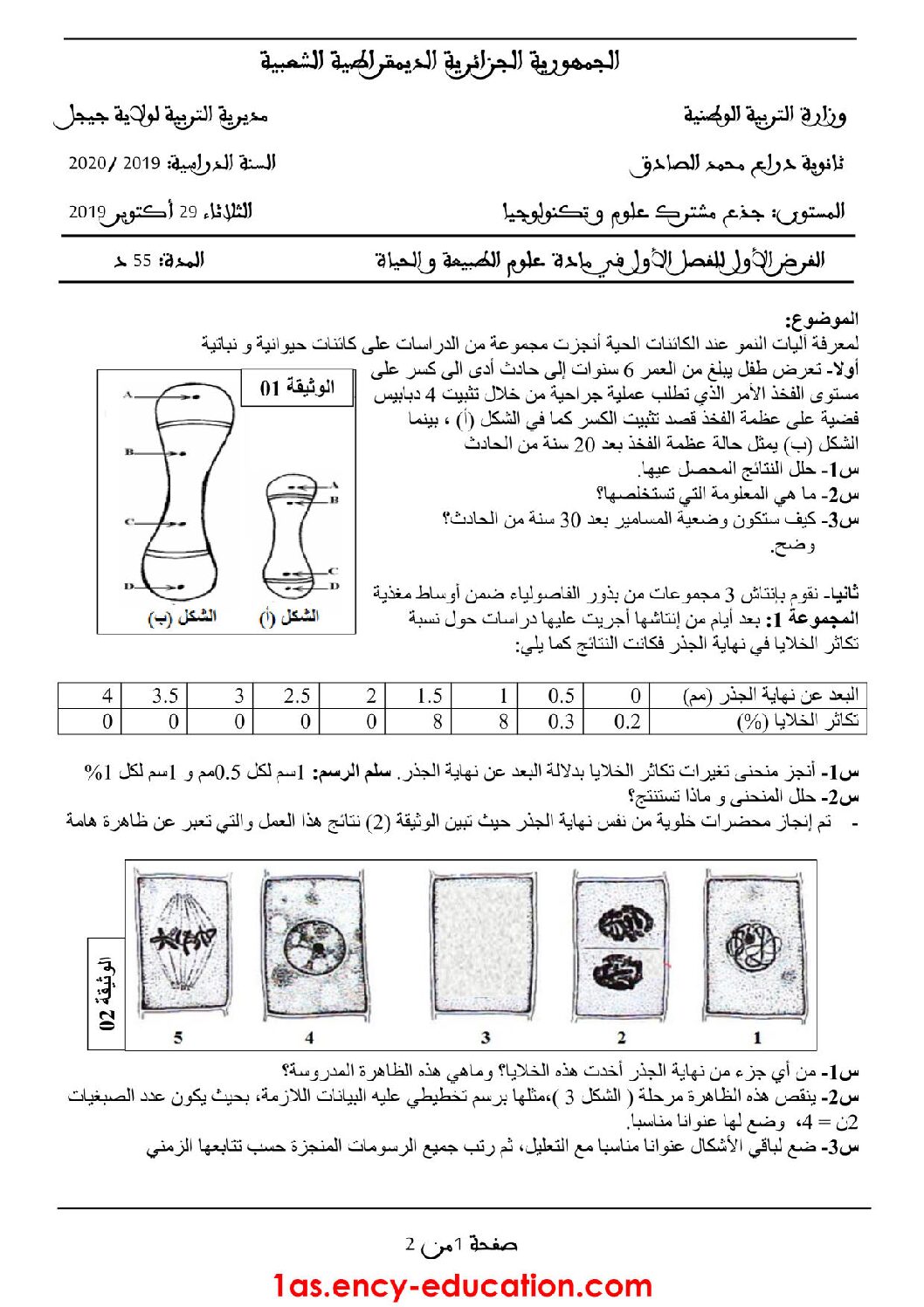 فرض في العلوم الطبيعية الفصل الأول السنة الأولى ثانوي رقم 28