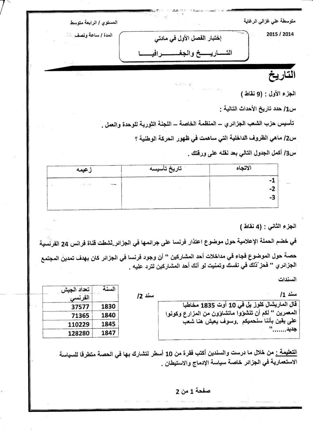 اختبار في التاريخ والجغرافيا الفصل الأول السنة الرابعة متوسط رقم 29