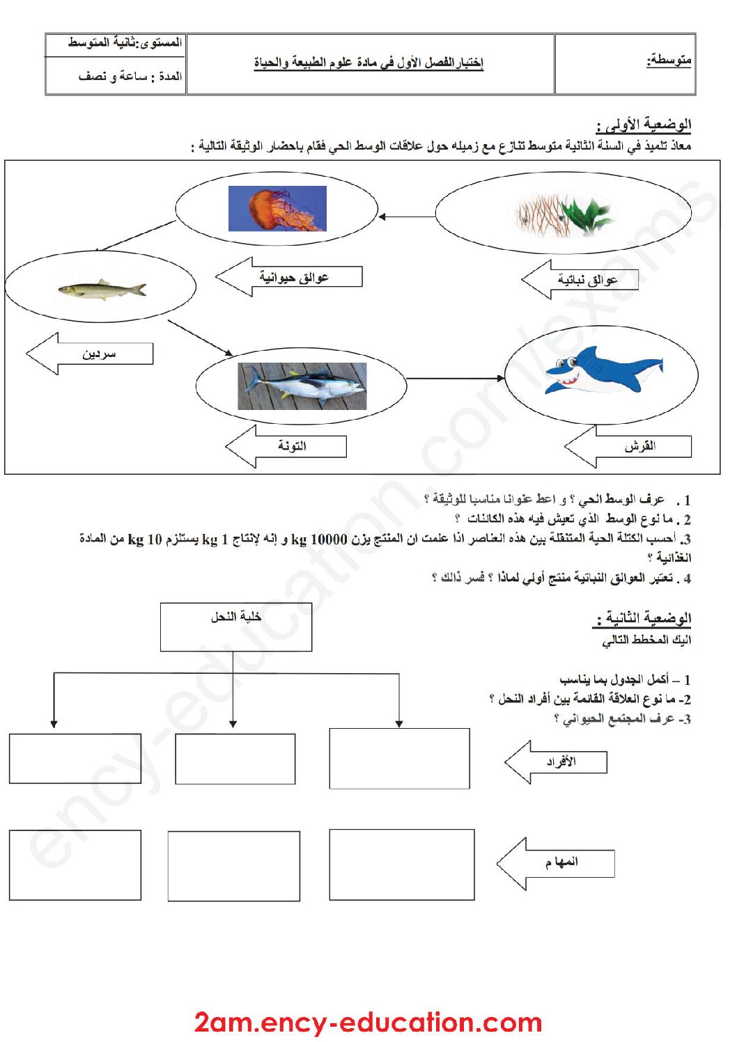 اختبار في العلوم الطبيعية الفصل الأول السنة الثانية متوسط رقم 29