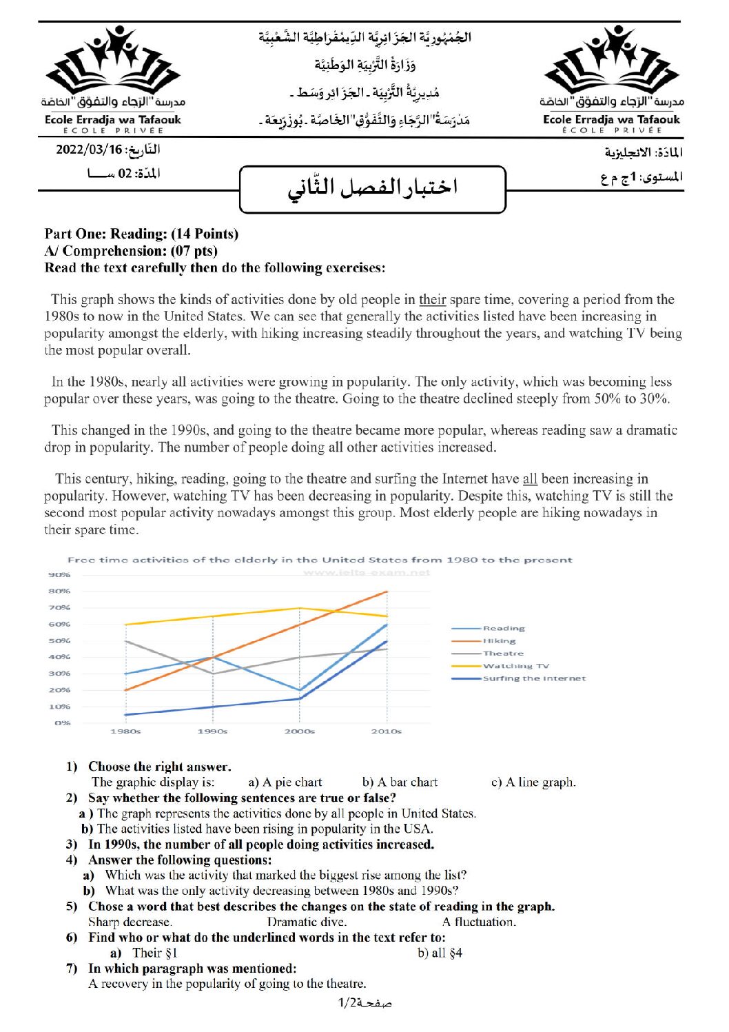 اختبار في اللغة الإنجليزية الفصل الثاني السنة الأولى ثانوي ج م ع رقم 29 مع التصحيح