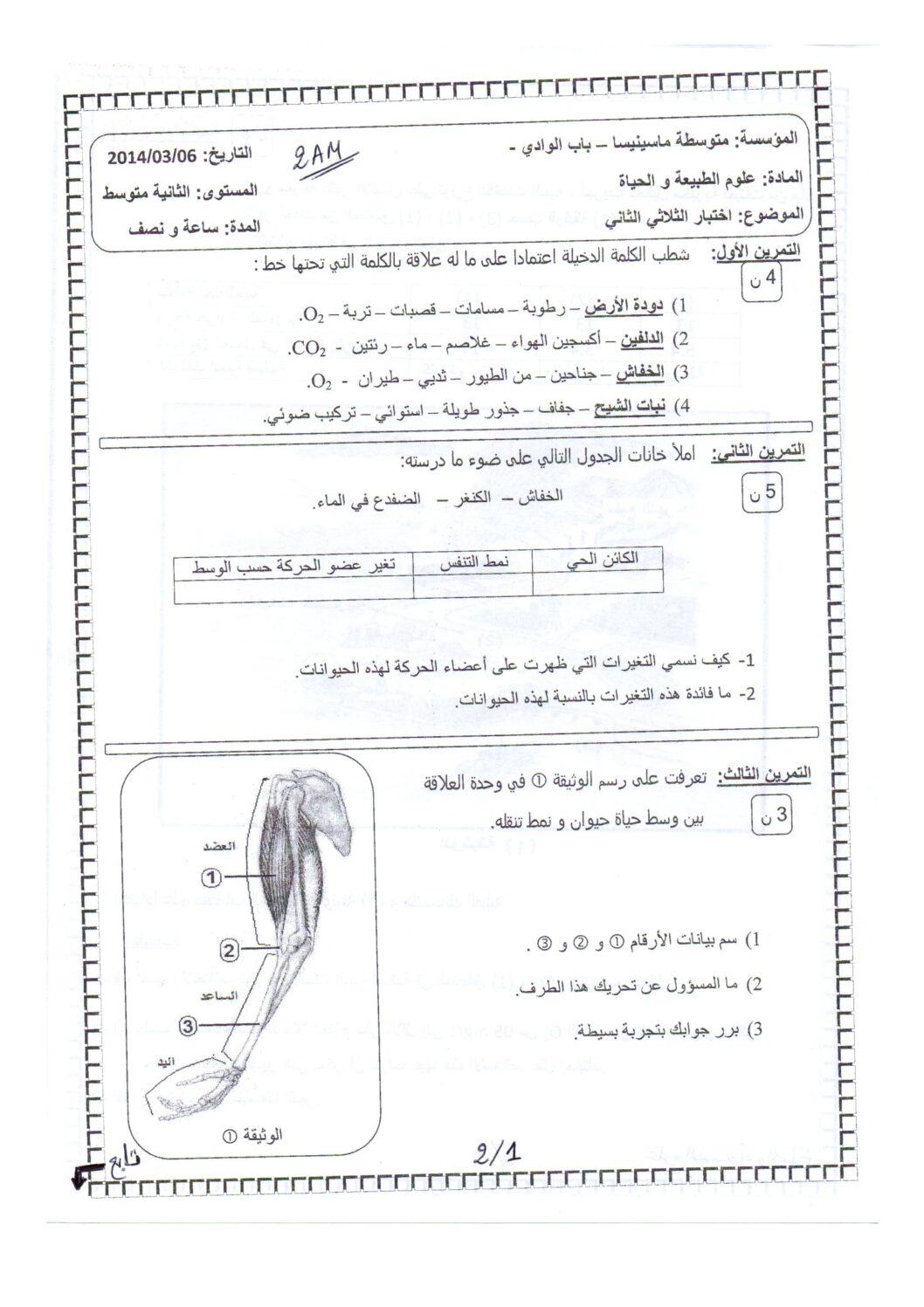 اختبار في العلوم الطبيعية الفصل الثاني السنة الثانية متوسط رقم 3
