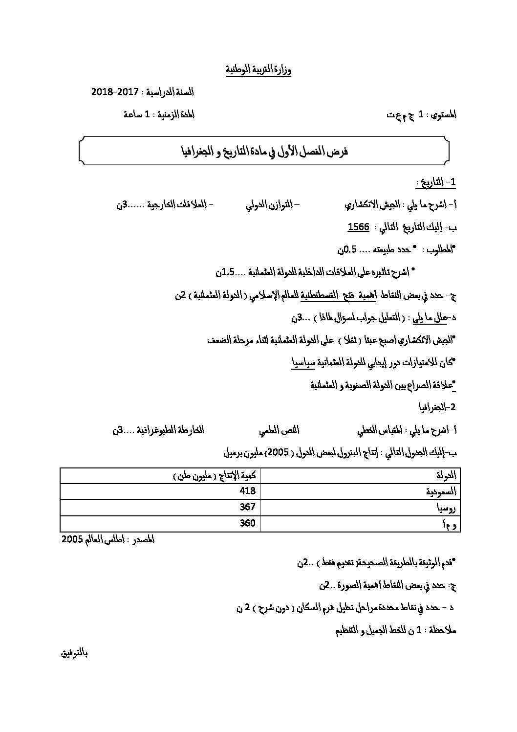 فرض في التاريخ والجغرافيا الفصل الأول السنة الأولى ثانوي ج م ع رقم 3