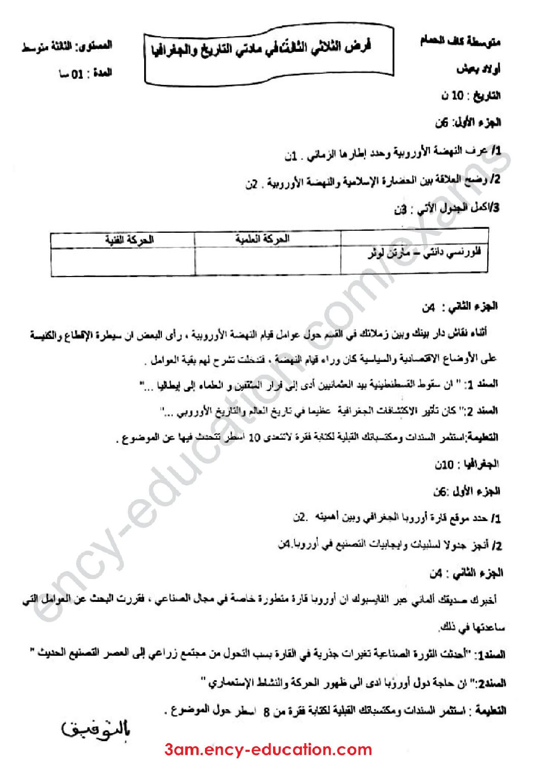 فرض في التاريخ والجغرافيا الفصل الثالث السنة الثالثة متوسط رقم 3