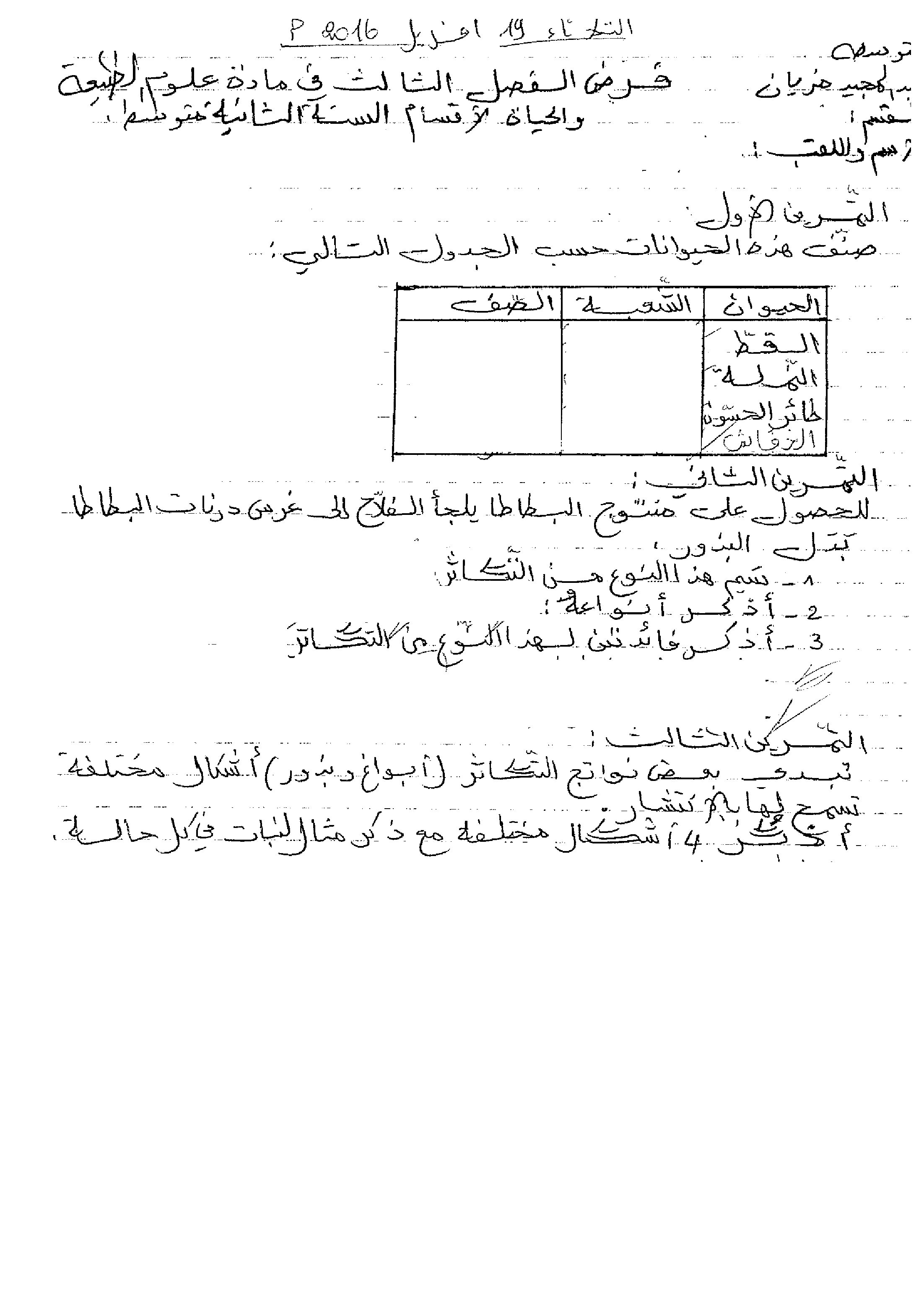 فرض في العلوم الطبيعية الفصل الثالث السنة الثانية متوسط رقم 3