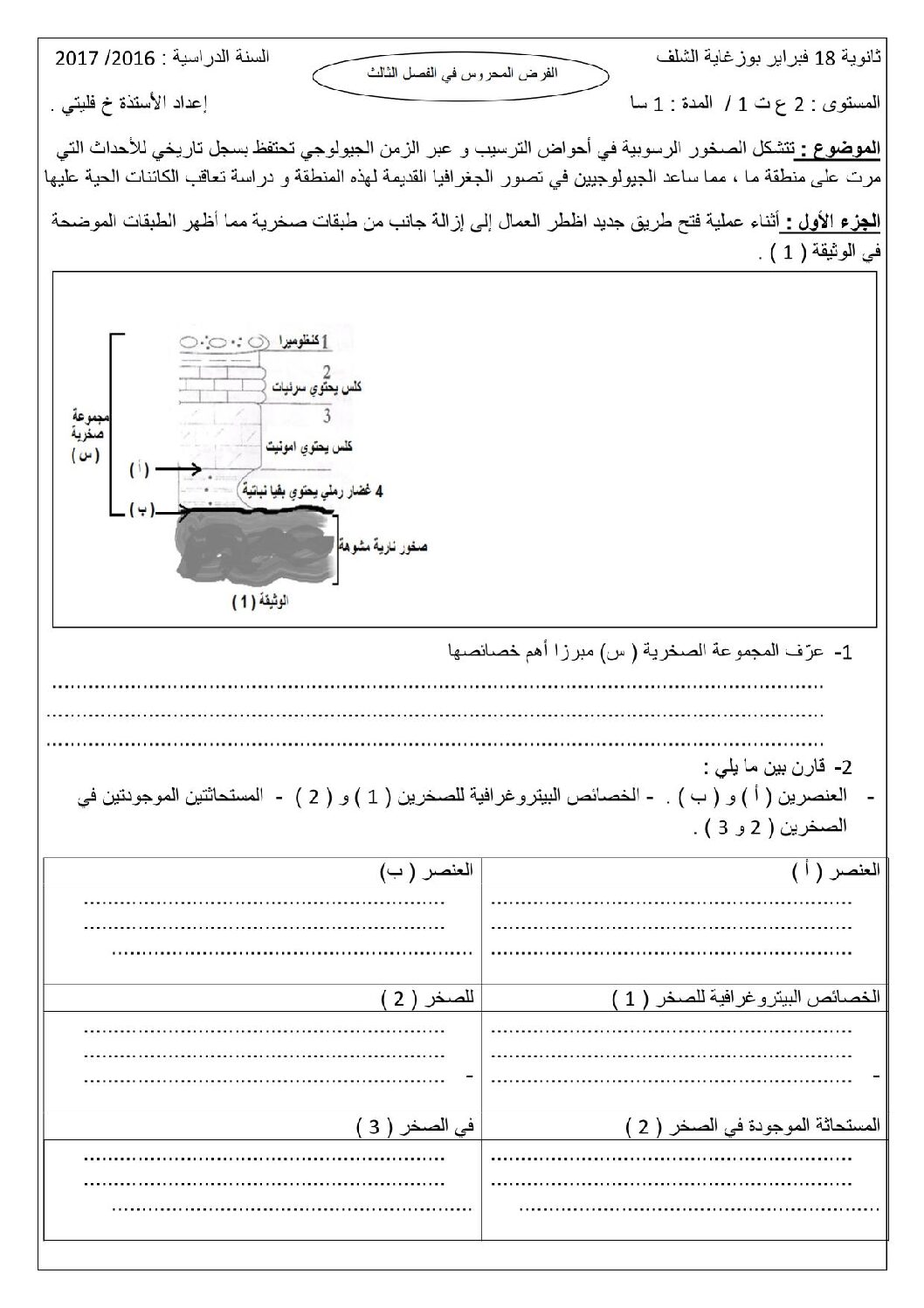 فرض في العلوم الطبيعية الفصل الثالث السنة الثانية ثانوي علوم تجريبية رقم 3 مع التصحيح