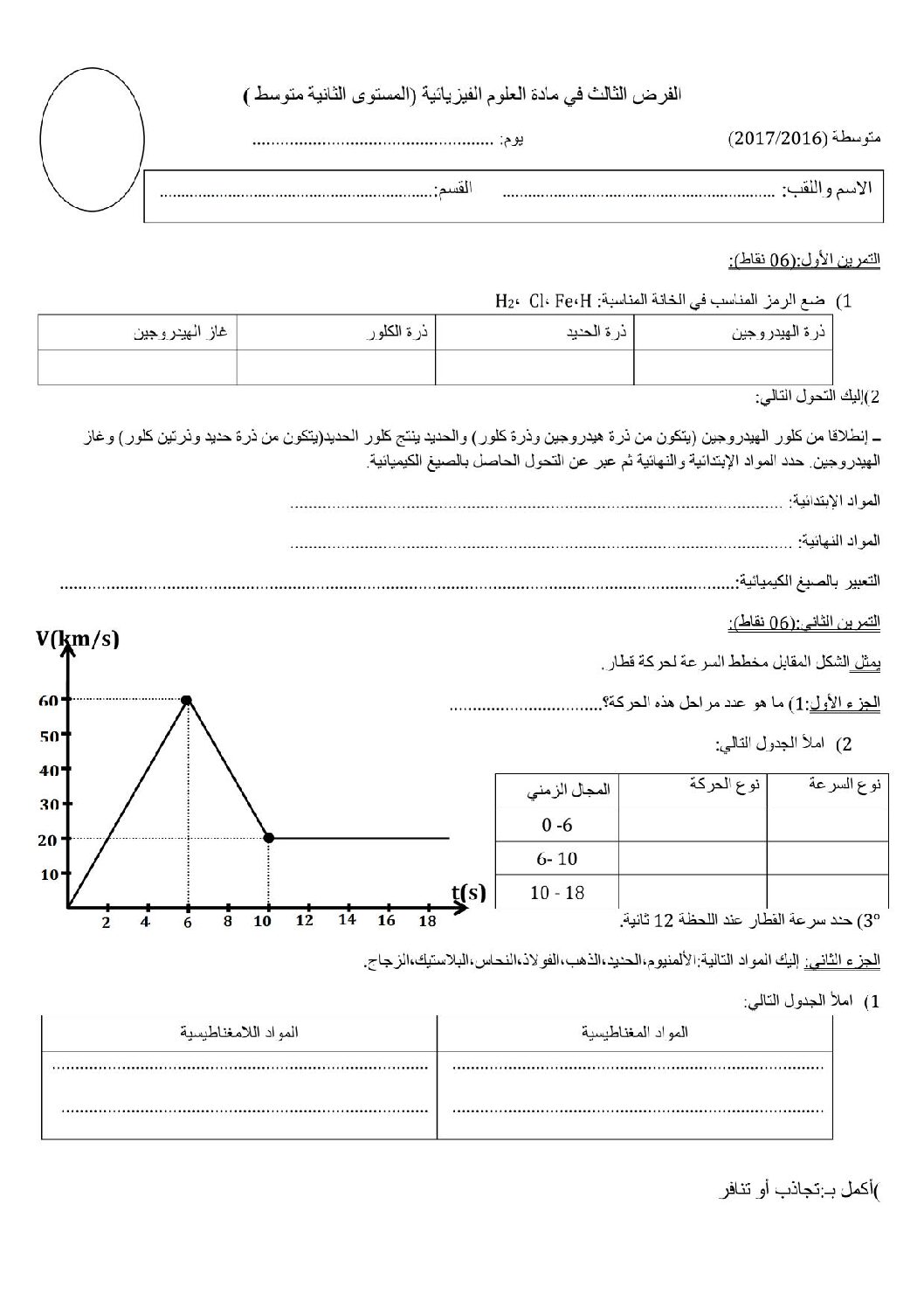 فرض في العلوم الفيزيائية الفصل الثالث السنة الثانية متوسط رقم 3