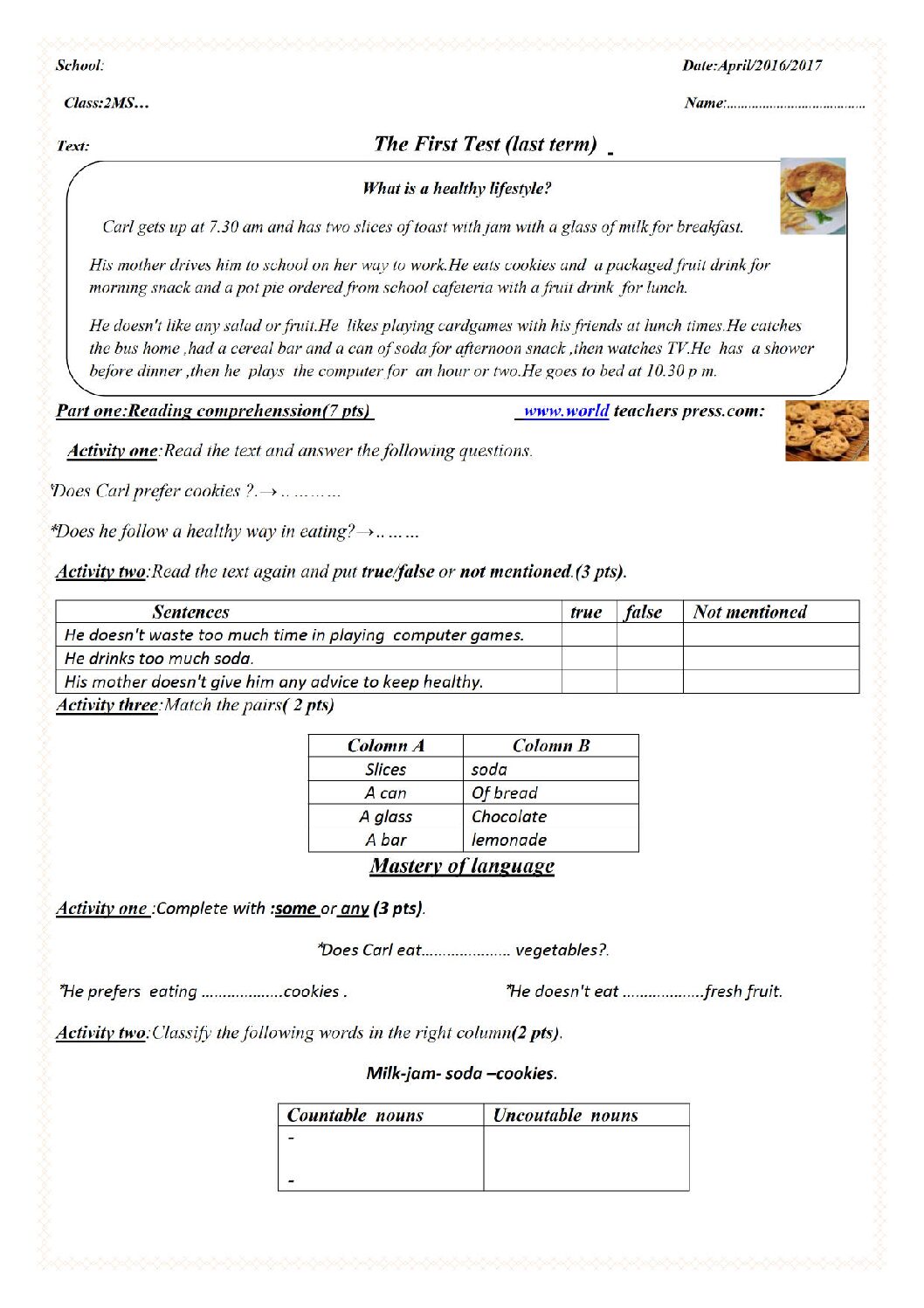 فرض في اللغة الإنجليزية الفصل الثالث السنة الثانية متوسط رقم 3
