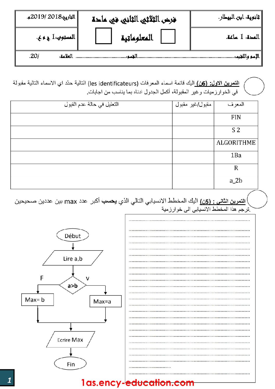 فرض في الإعلام الآلي الفصل الثاني السنة الأولى ثانوي رقم 3