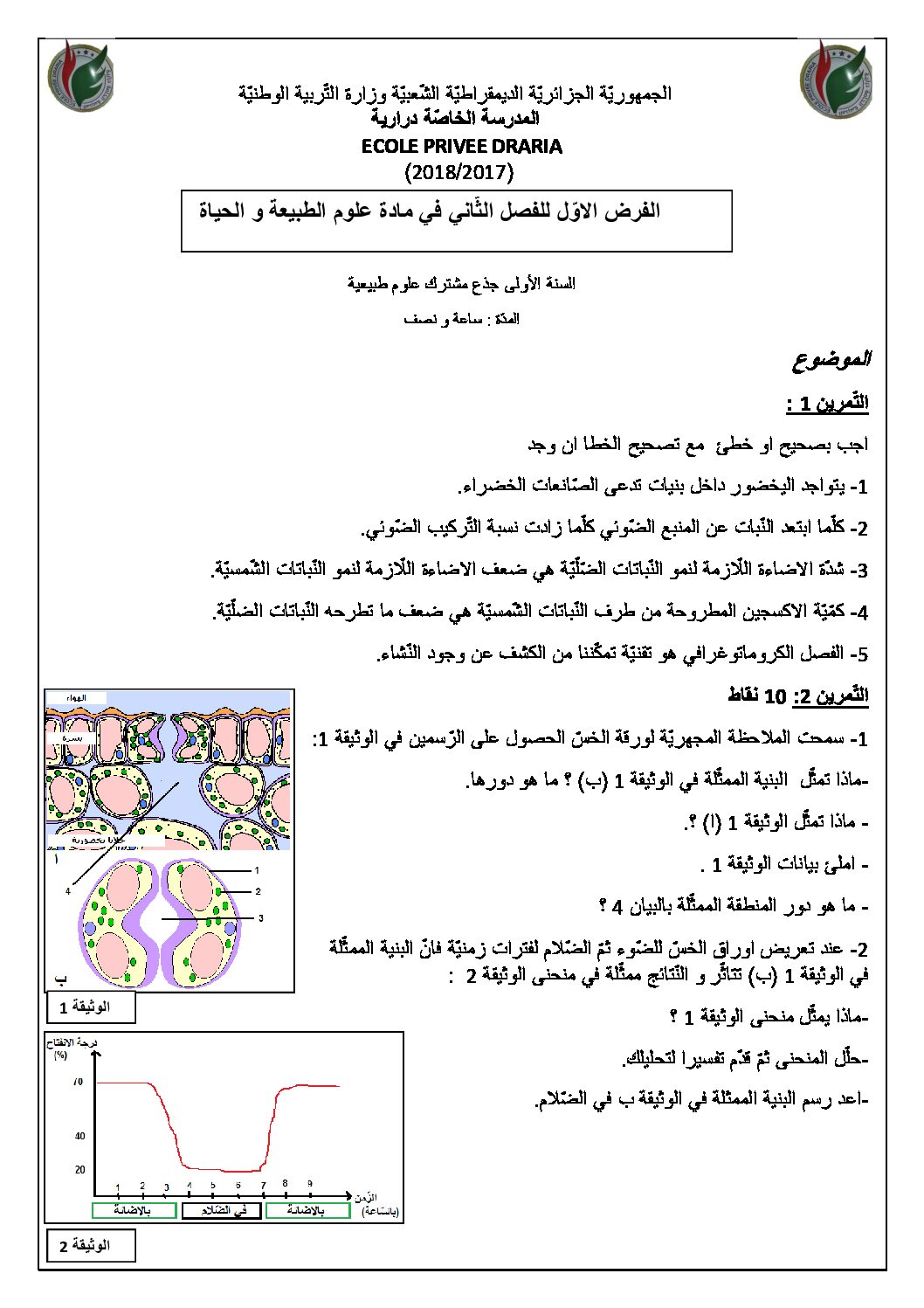 فرض في العلوم الطبيعية الفصل الثاني السنة الأولى ثانوي رقم 3