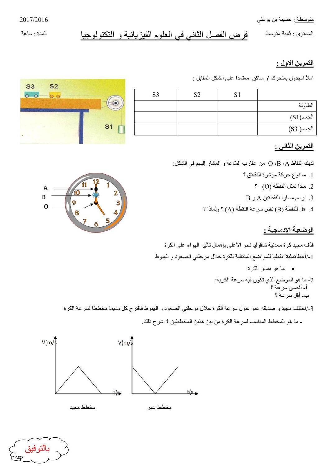فرض في العلوم الفيزيائية الفصل الثاني السنة الثانية متوسط رقم 3