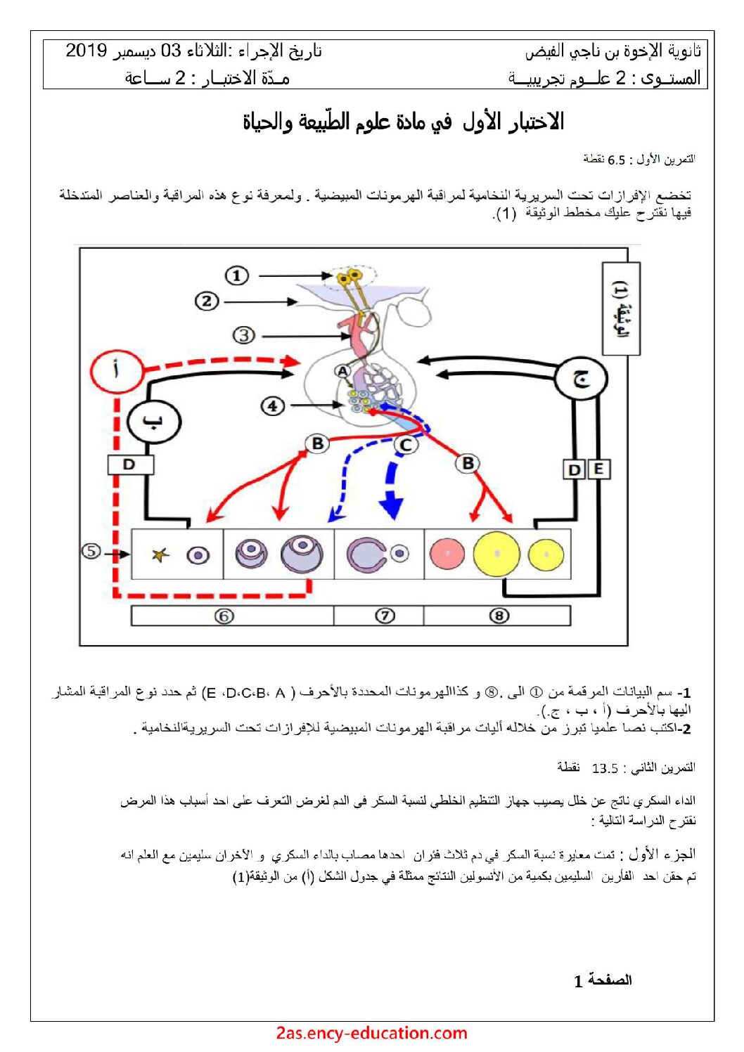 اختبار في العلوم الطبيعية الفصل الأول السنة الثانية ثانوي علوم تجريبية رقم 30