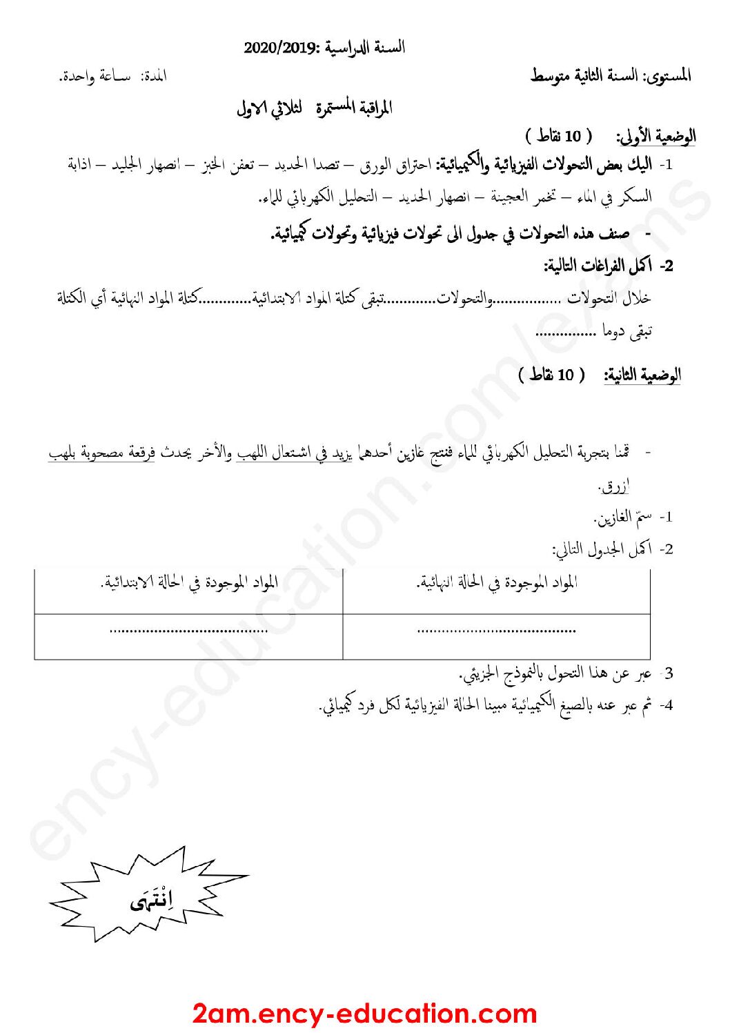 فرض في العلوم الفيزيائية الفصل الأول السنة الثانية متوسط رقم 30