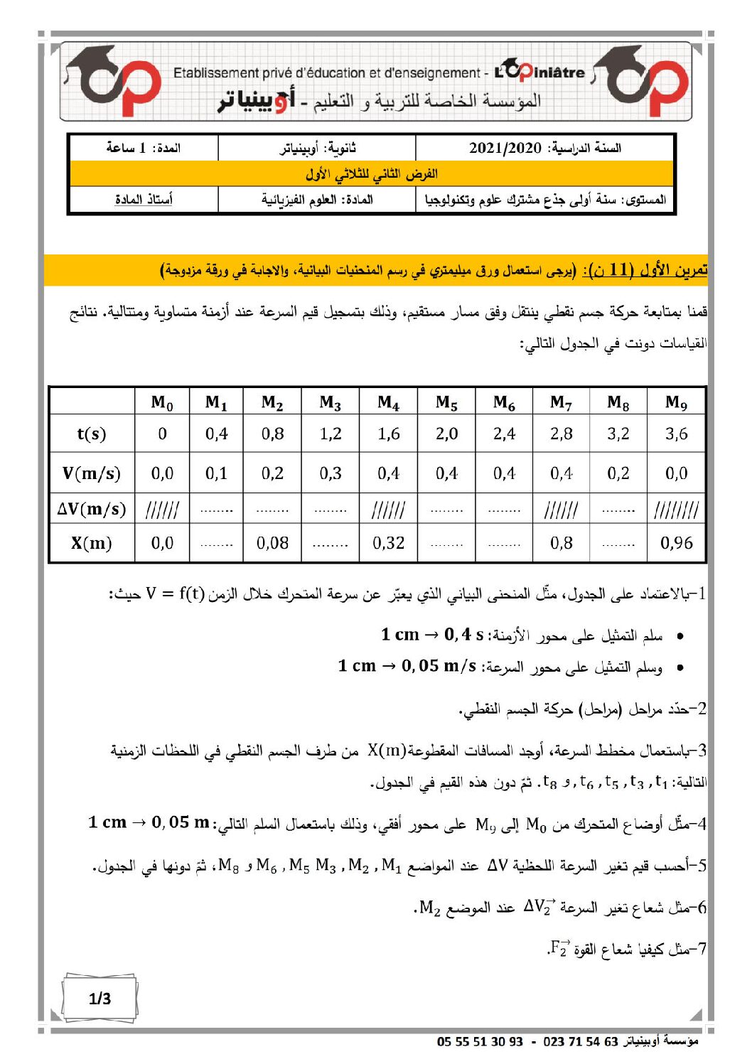 فرض في العلوم الفيزيائية الفصل الأول السنة الأولى ثانوي رقم 30