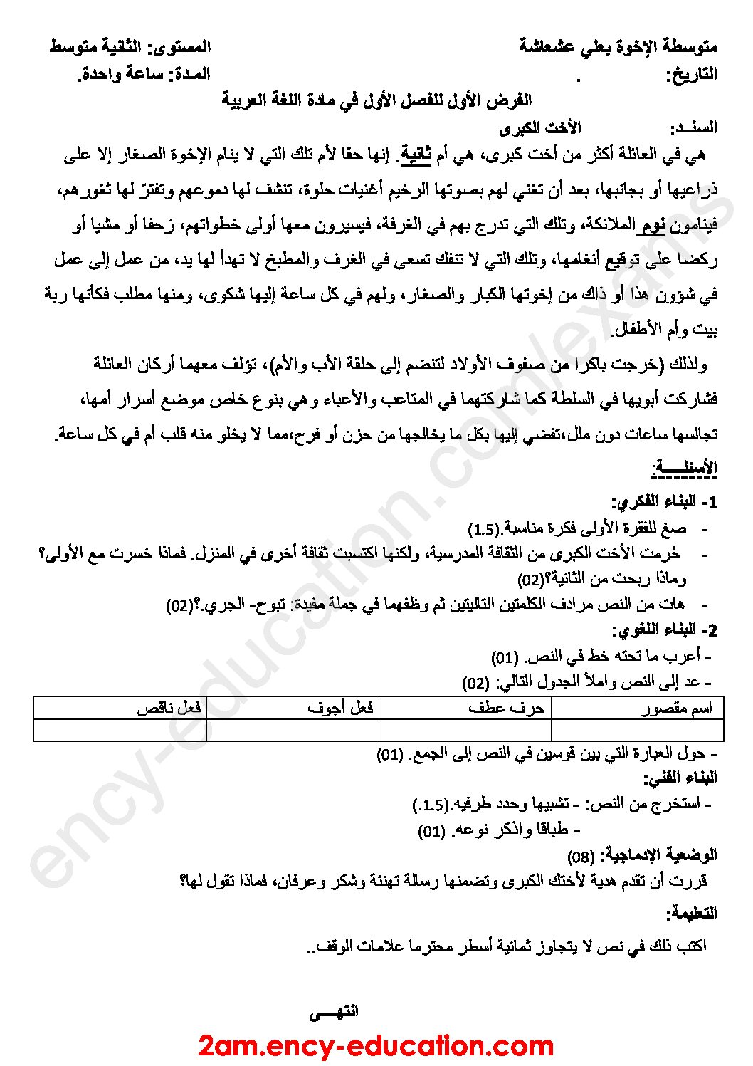 فرض في اللغة العربية الفصل الأول السنة الثانية متوسط رقم 30