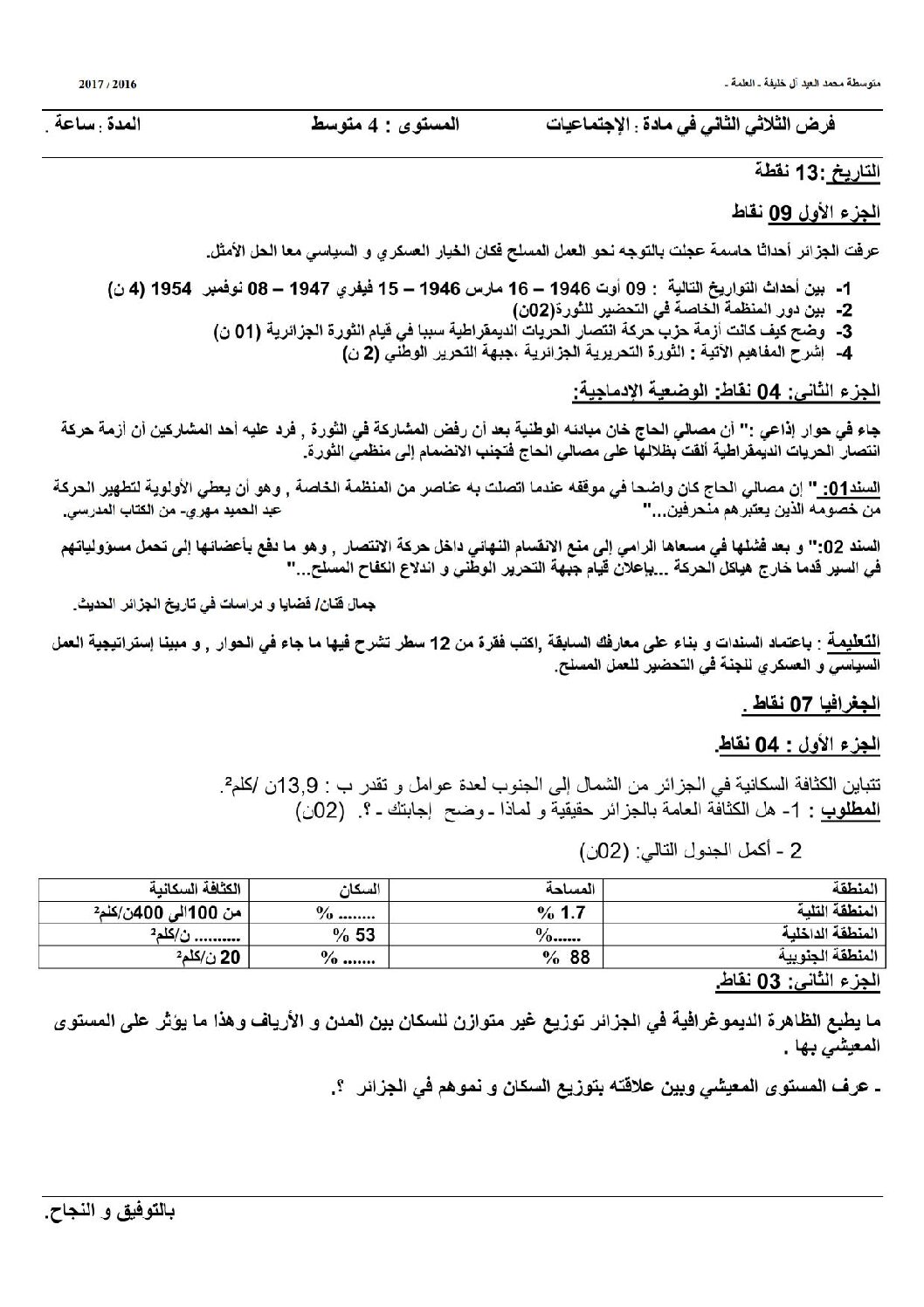 فرض في التاريخ والجغرافيا الفصل الثاني السنة الرابعة متوسط رقم 30