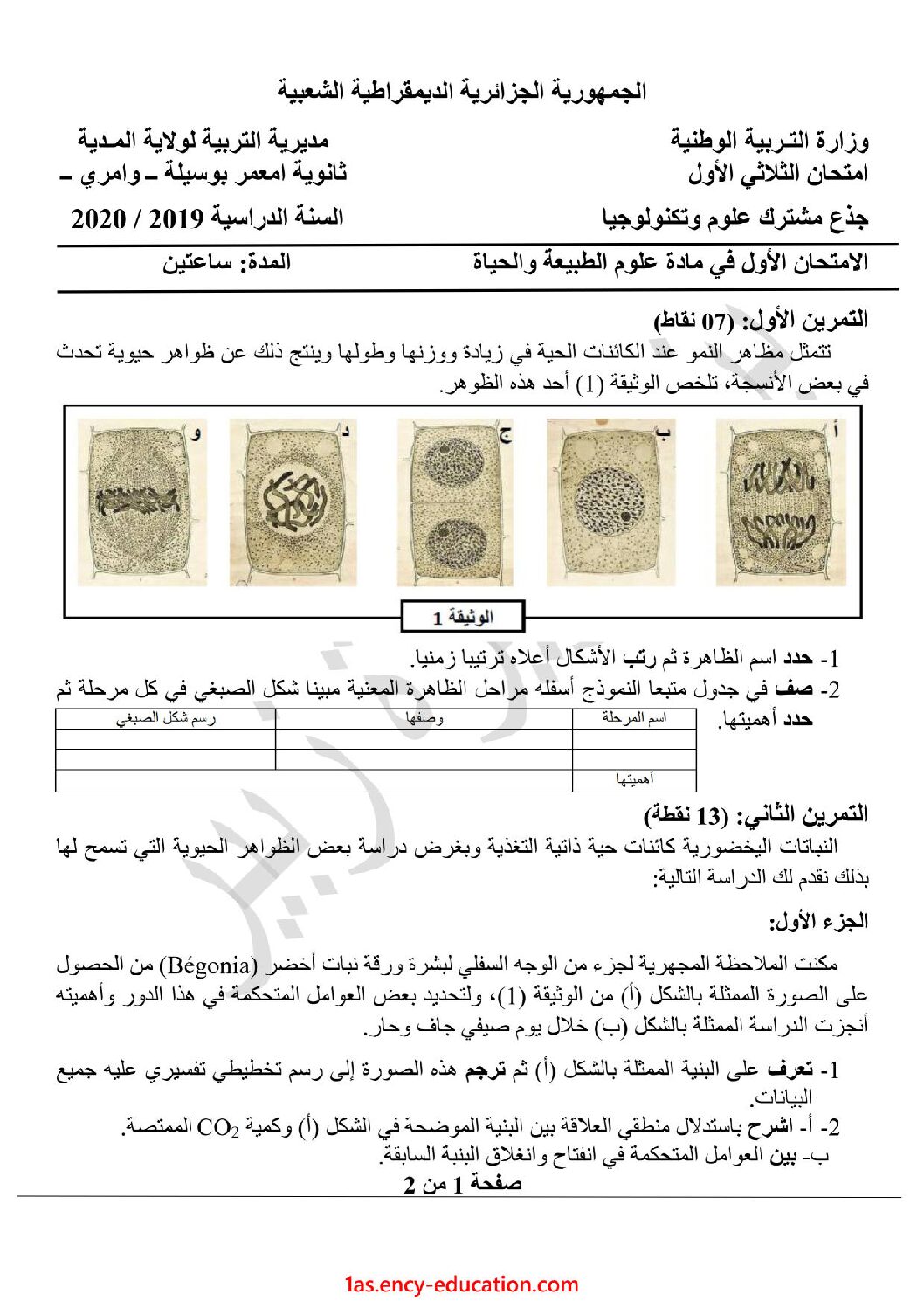 اختبار في العلوم الطبيعية الفصل الأول السنة الأولى ثانوي رقم 31 مع التصحيح
