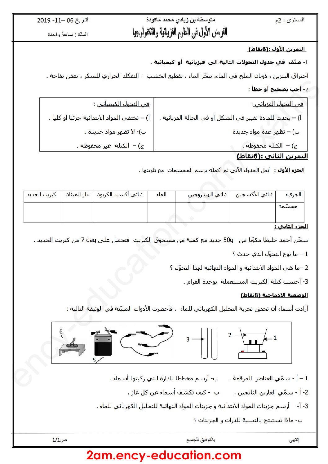 فرض في العلوم الفيزيائية الفصل الأول السنة الثانية متوسط رقم 31