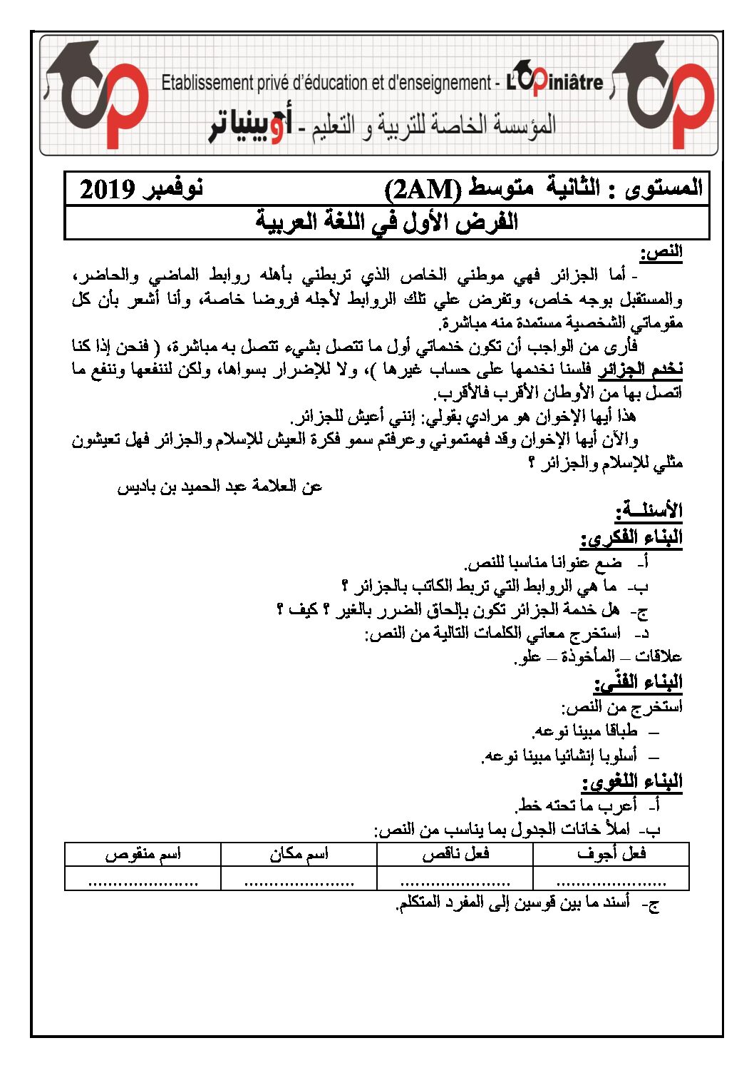 فرض في اللغة العربية الفصل الأول السنة الثانية متوسط رقم 31 مع التصحيح