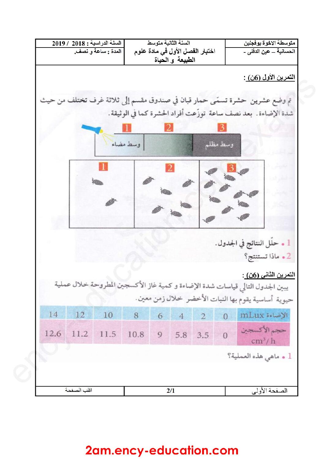 اختبار في العلوم الطبيعية الفصل الأول السنة الثانية متوسط رقم 32