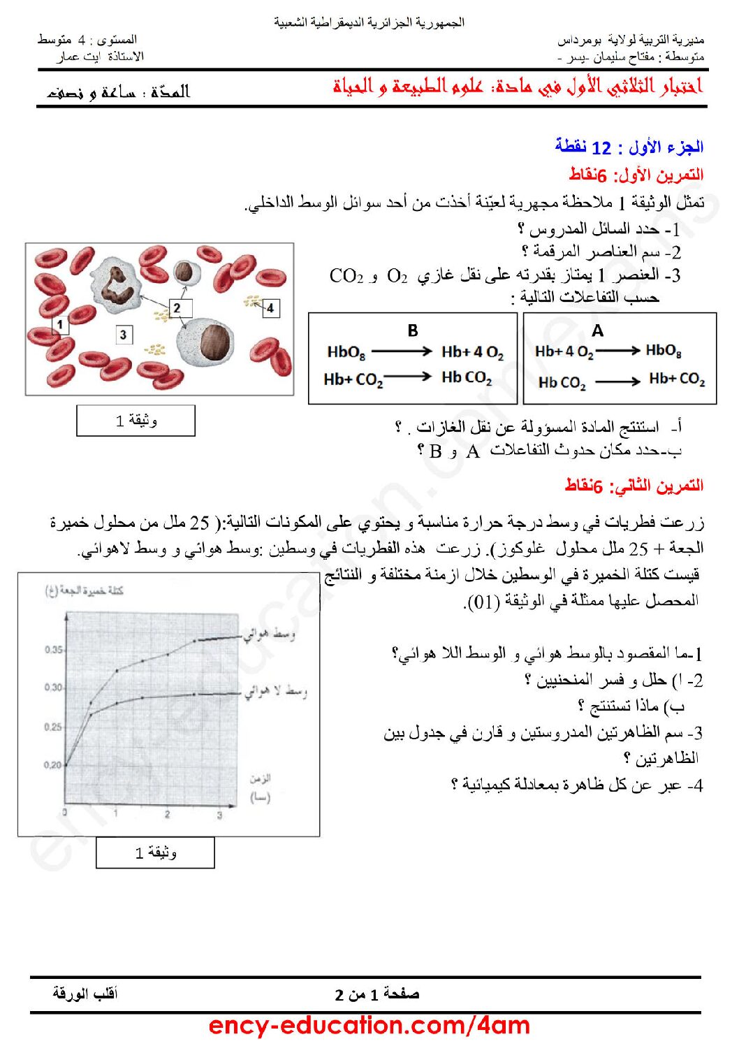 اختبار  في العلوم الطبيعية الفصل الأول السنة الرابعة متوسط رقم 32