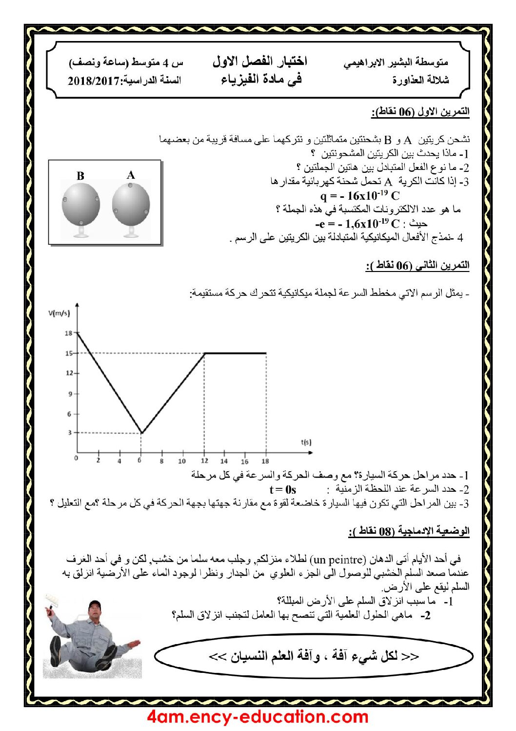 اختبار في العلوم الفيزيائية الفصل الأول السنة الرابعة متوسط رقم 32