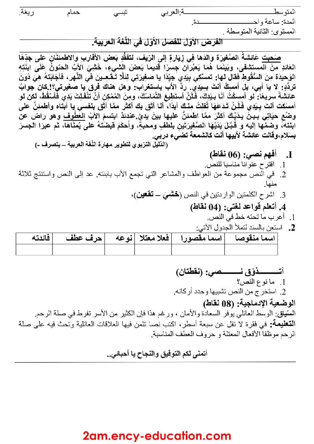 فرض في اللغة العربية الفصل الأول السنة الثانية متوسط رقم 32