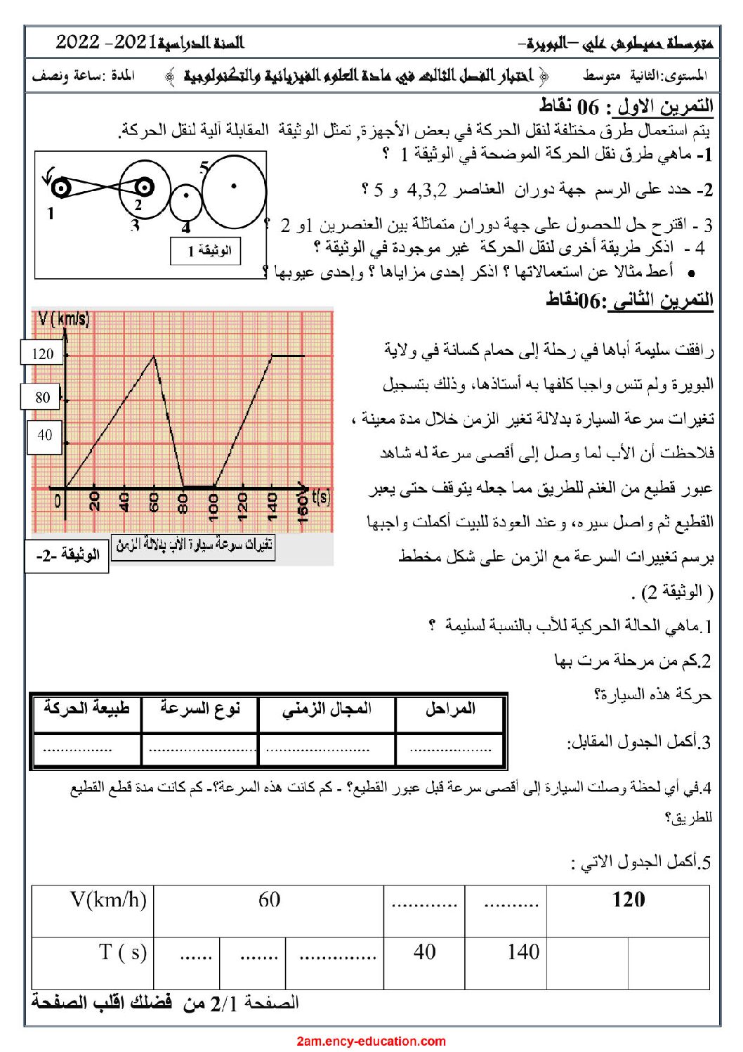 اختبار في العلوم الفيزيائية الفصل الثالث السنة الثانية متوسط رقم 33