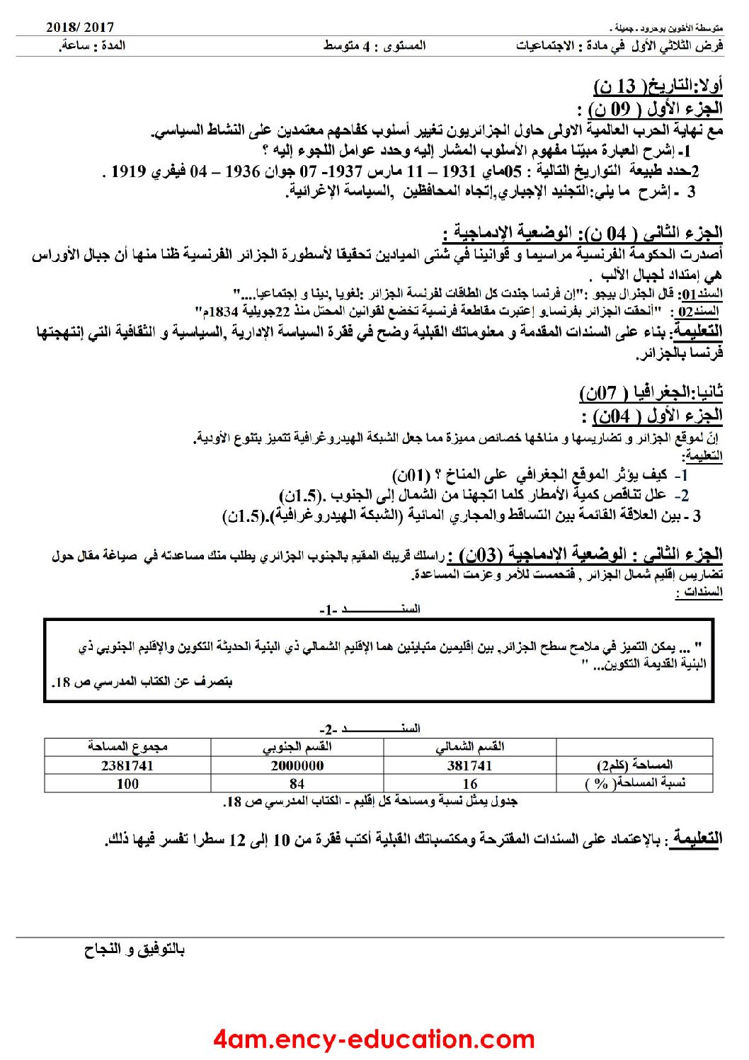 فرض في التاريخ والجغرافيا الفصل الأول السنة الرابعة متوسط رقم 33