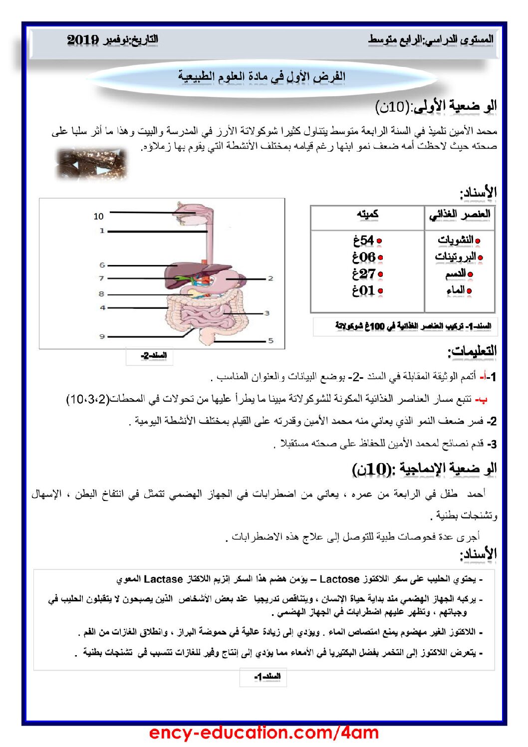 فرض في العلوم الطبيعية الفصل الأول السنة الرابعة متوسط رقم 33