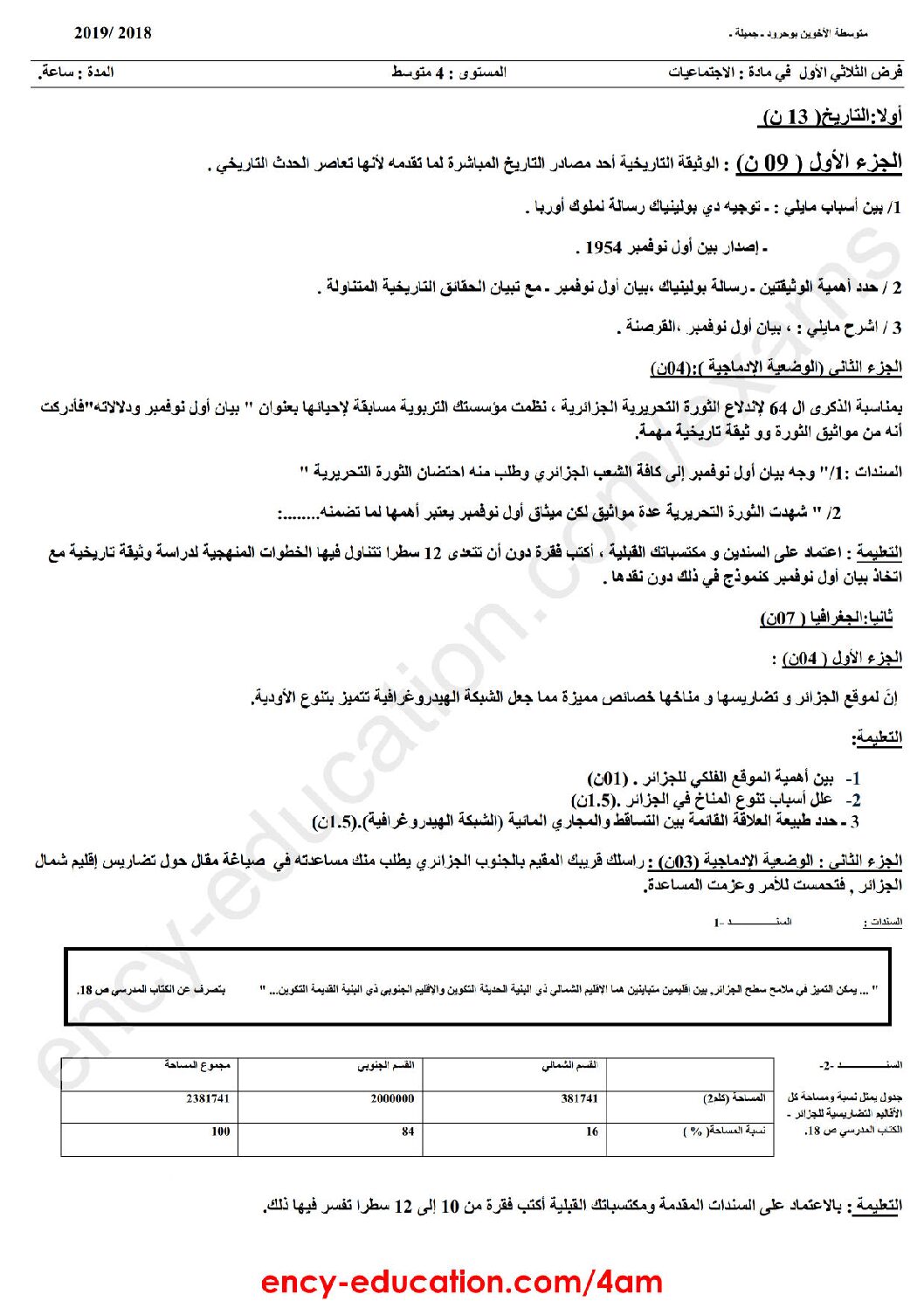 فرض في التاريخ والجغرافيا الفصل الأول السنة الرابعة متوسط رقم 34
