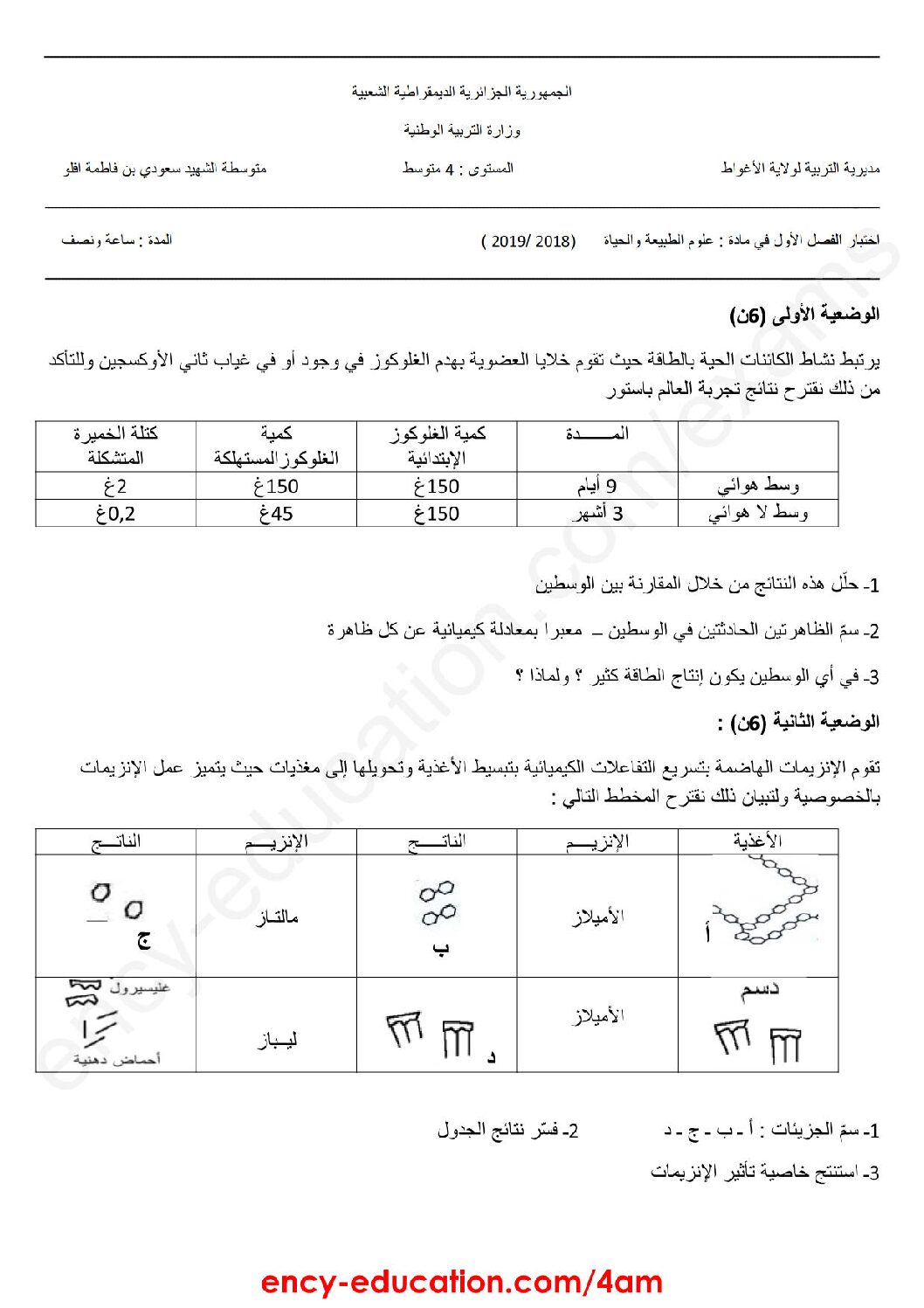 اختبار  في العلوم الطبيعية الفصل الأول السنة الرابعة متوسط رقم 35