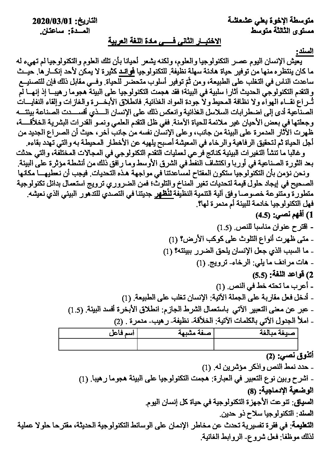 اختبار في اللغة العربية الفصل الثاني السنة الثالثة متوسط رقم 35