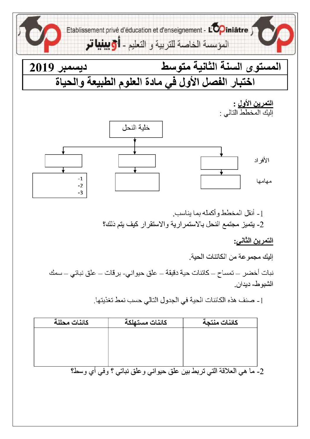 اختبار في العلوم الطبيعية الفصل الأول السنة الثانية متوسط رقم 36 مع التصحيح