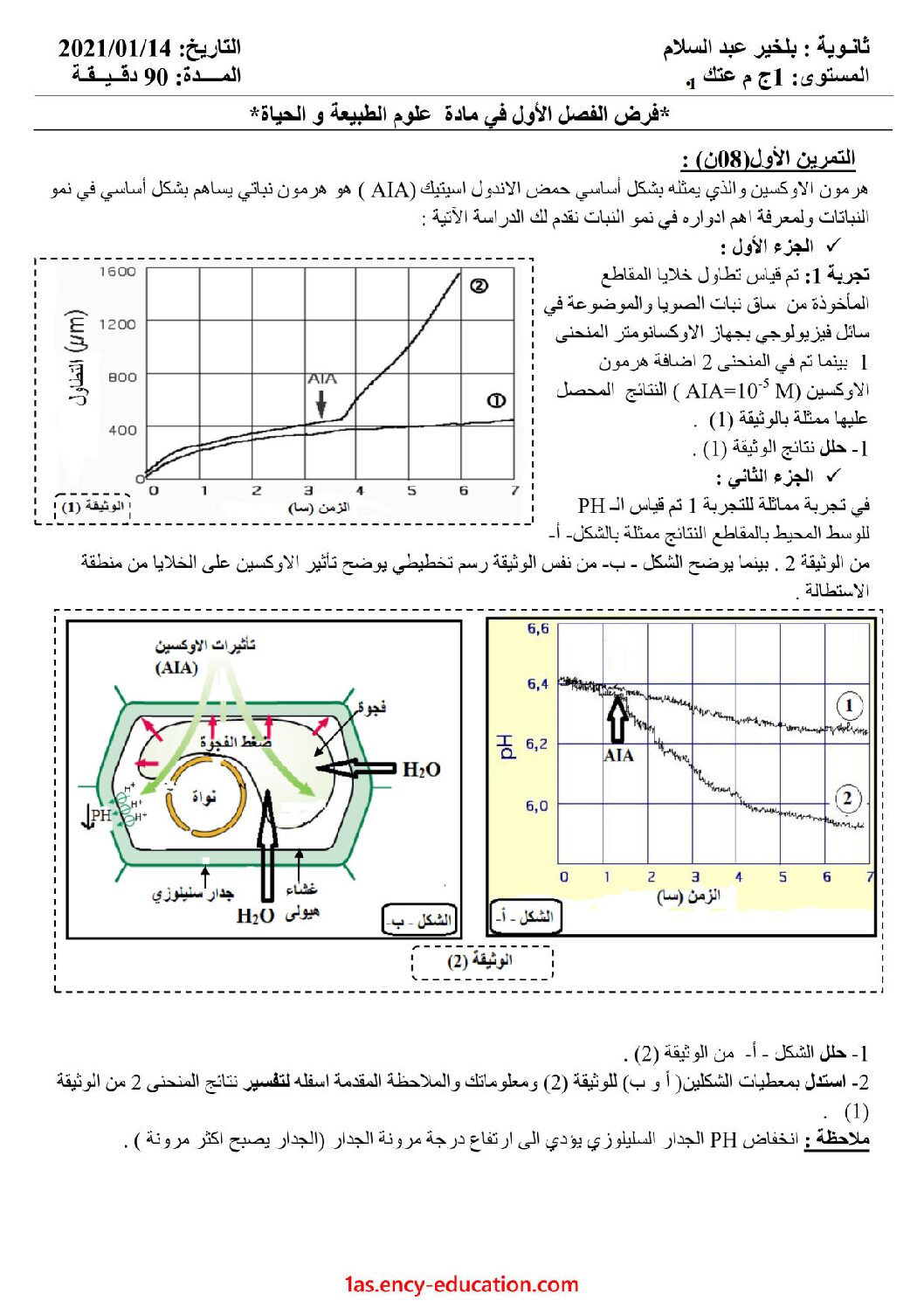 فرض في العلوم الطبيعية الفصل الأول السنة الأولى ثانوي رقم 36