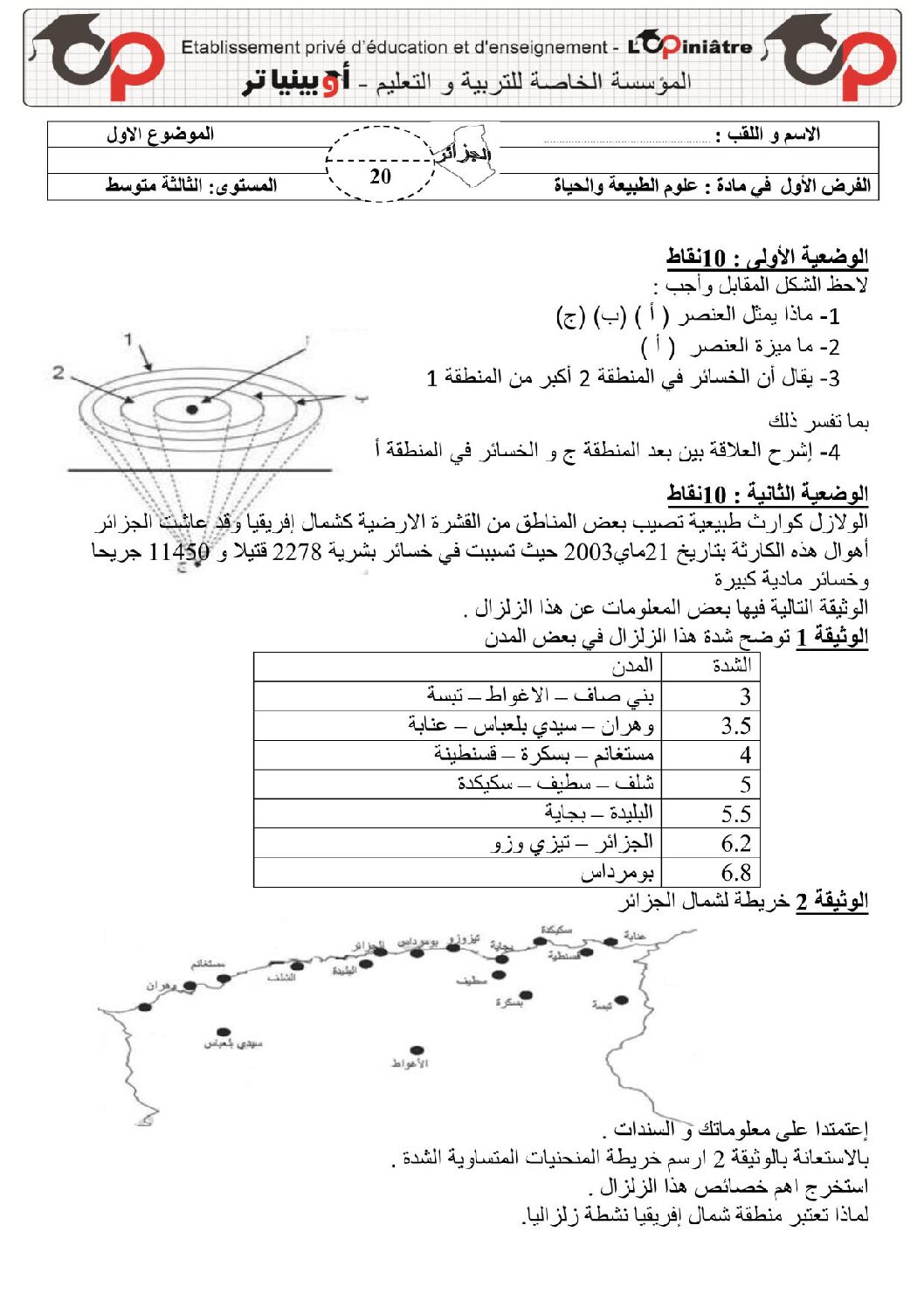 فرض في العلوم الطبيعية الفصل الأول السنة الثالثة متوسط رقم 36 مع التصحيح