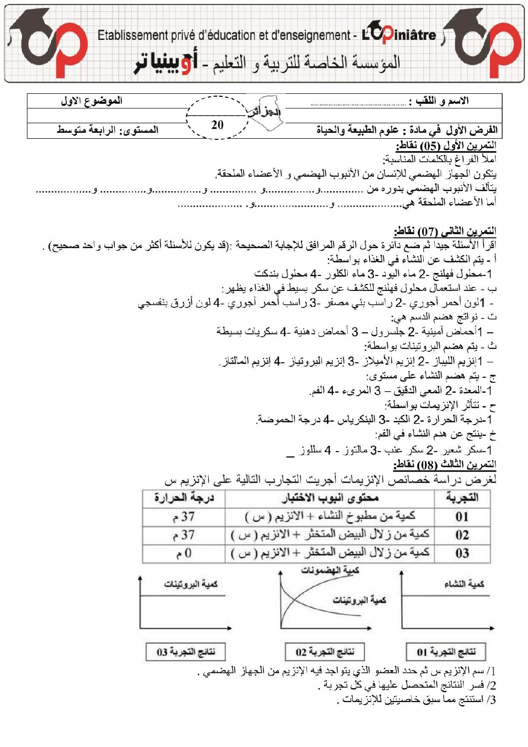 فرض في العلوم الطبيعية الفصل الأول السنة الرابعة متوسط رقم 36 مع التصحيح