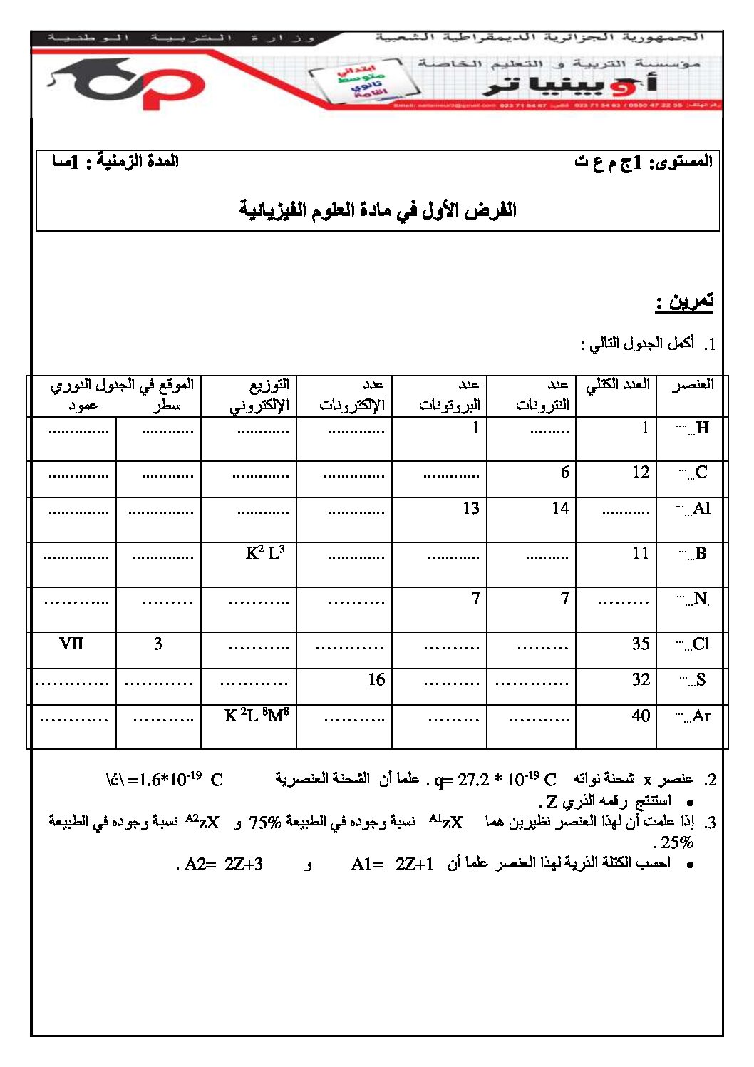 فرض في العلوم الفيزيائية الفصل الأول السنة الأولى ثانوي رقم 36