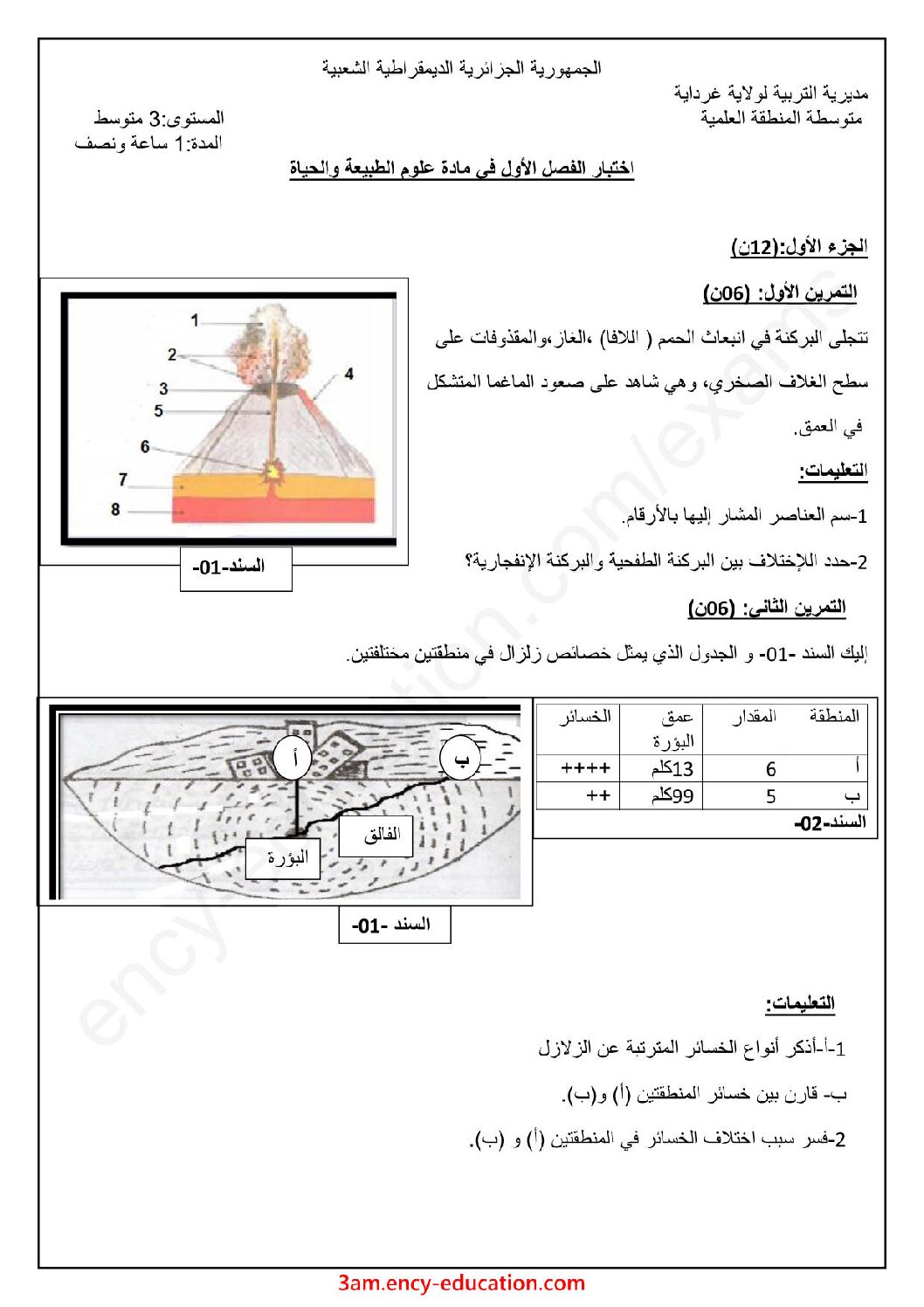 اختبار في العلوم الطبيعية الفصل الأول السنة الثالثة متوسط رقم 37