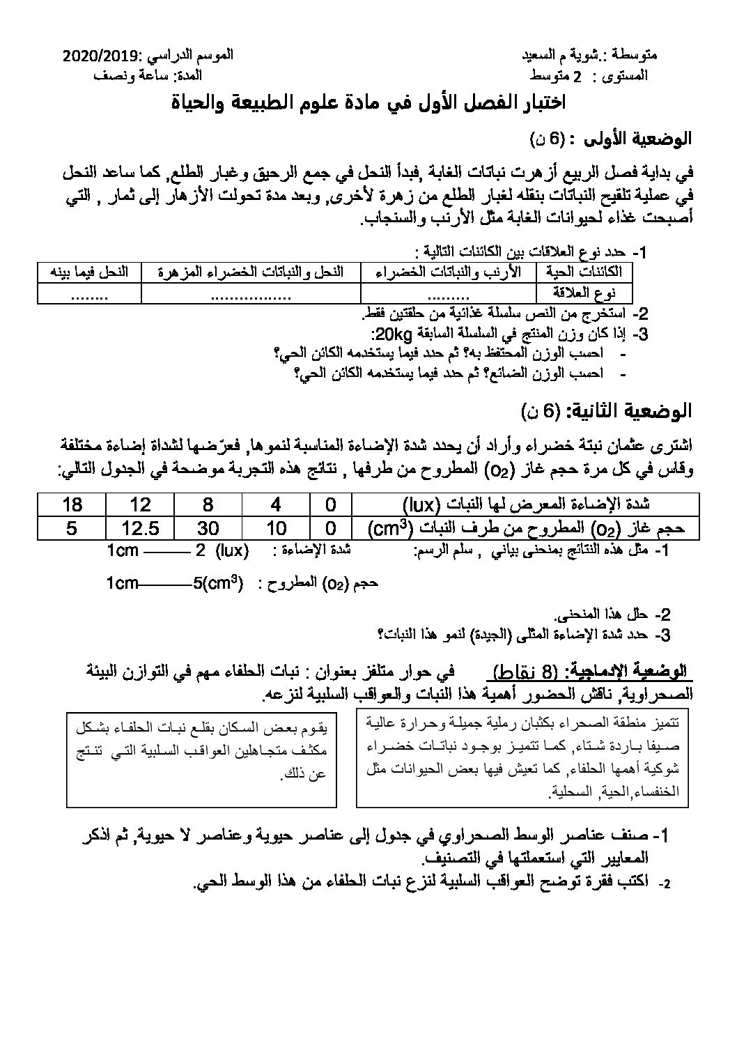 اختبار في العلوم الطبيعية الفصل الأول السنة الثانية متوسط رقم 37