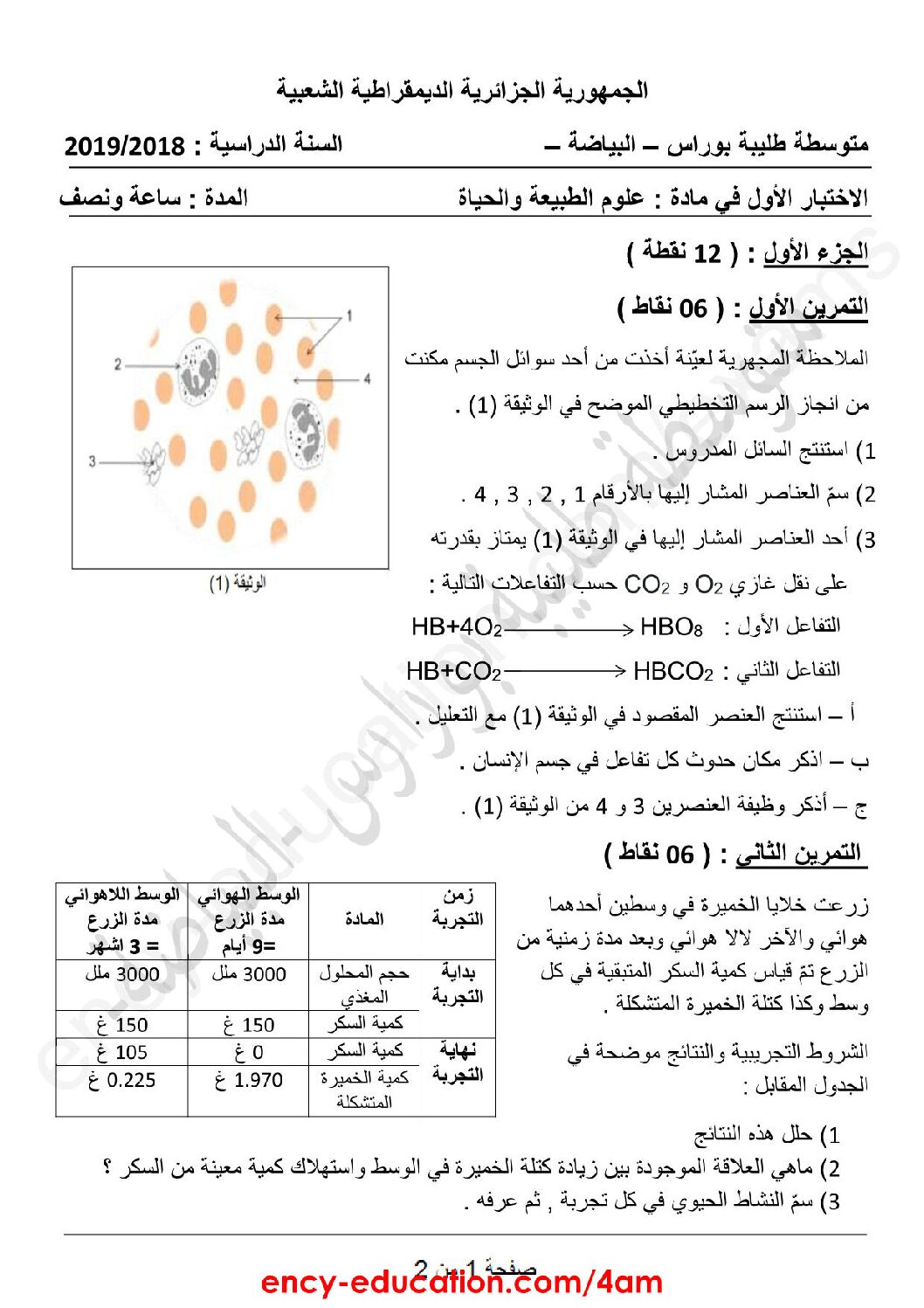 اختبار  في العلوم الطبيعية الفصل الأول السنة الرابعة متوسط رقم 37