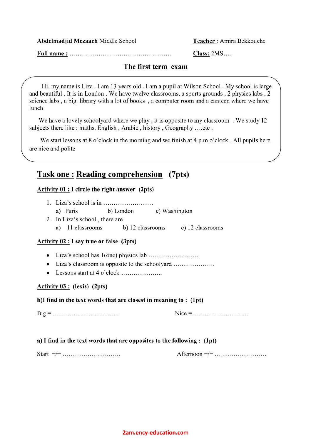اختبار في اللغة الإنجليزية الفصل الأول السنة الثانية متوسط رقم 37
