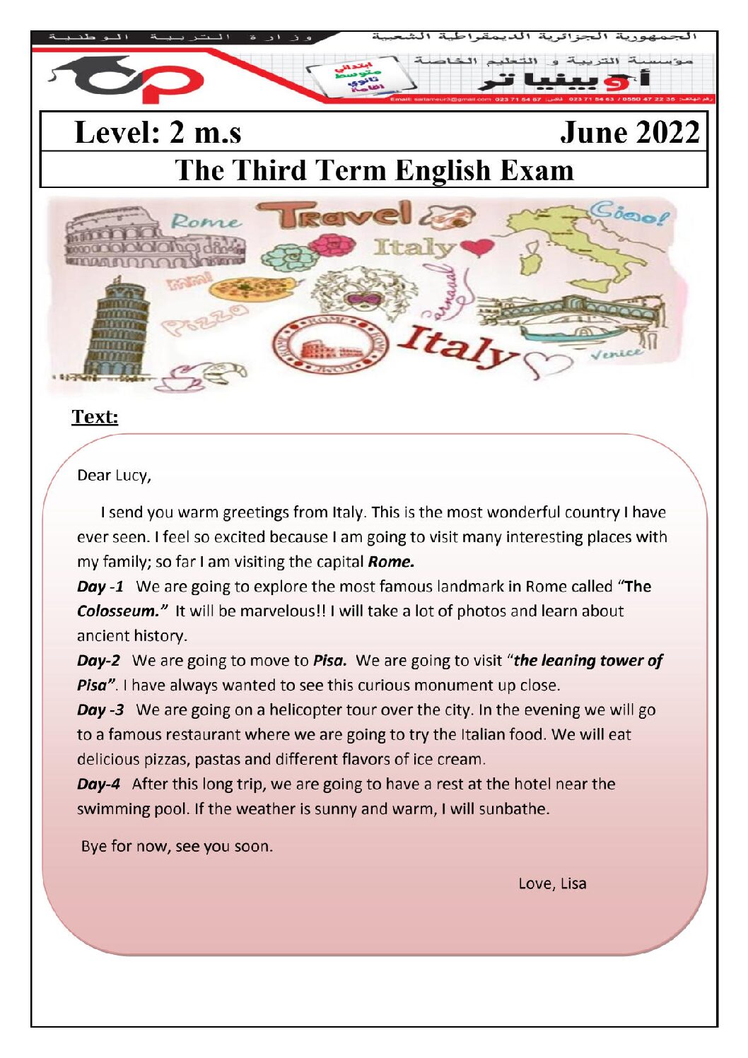 اختبار في اللغة الإنجليزية الفصل الثالث السنة الثانية متوسط رقم 37 مع التصحيح