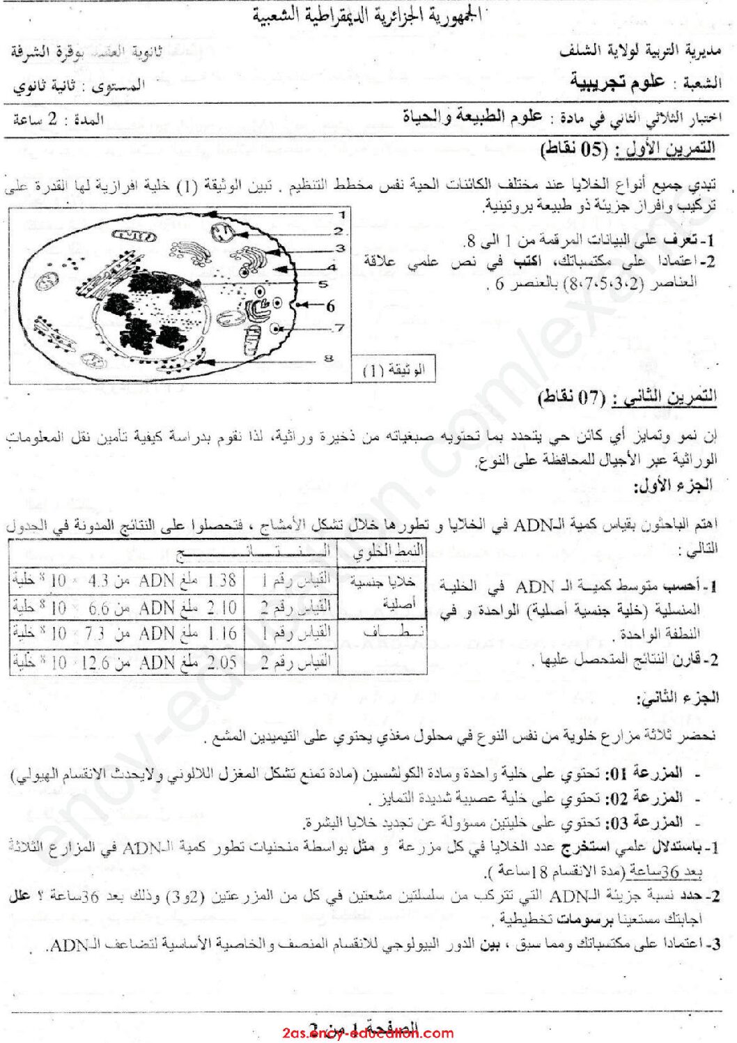 اختبار في العلوم الطبيعية الفصل الثاني السنة الثانية ثانوي علوم تجريبية رقم 37