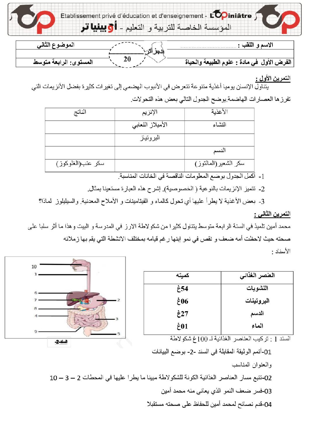فرض في العلوم الطبيعية الفصل الأول السنة الرابعة متوسط رقم 37 مع التصحيح