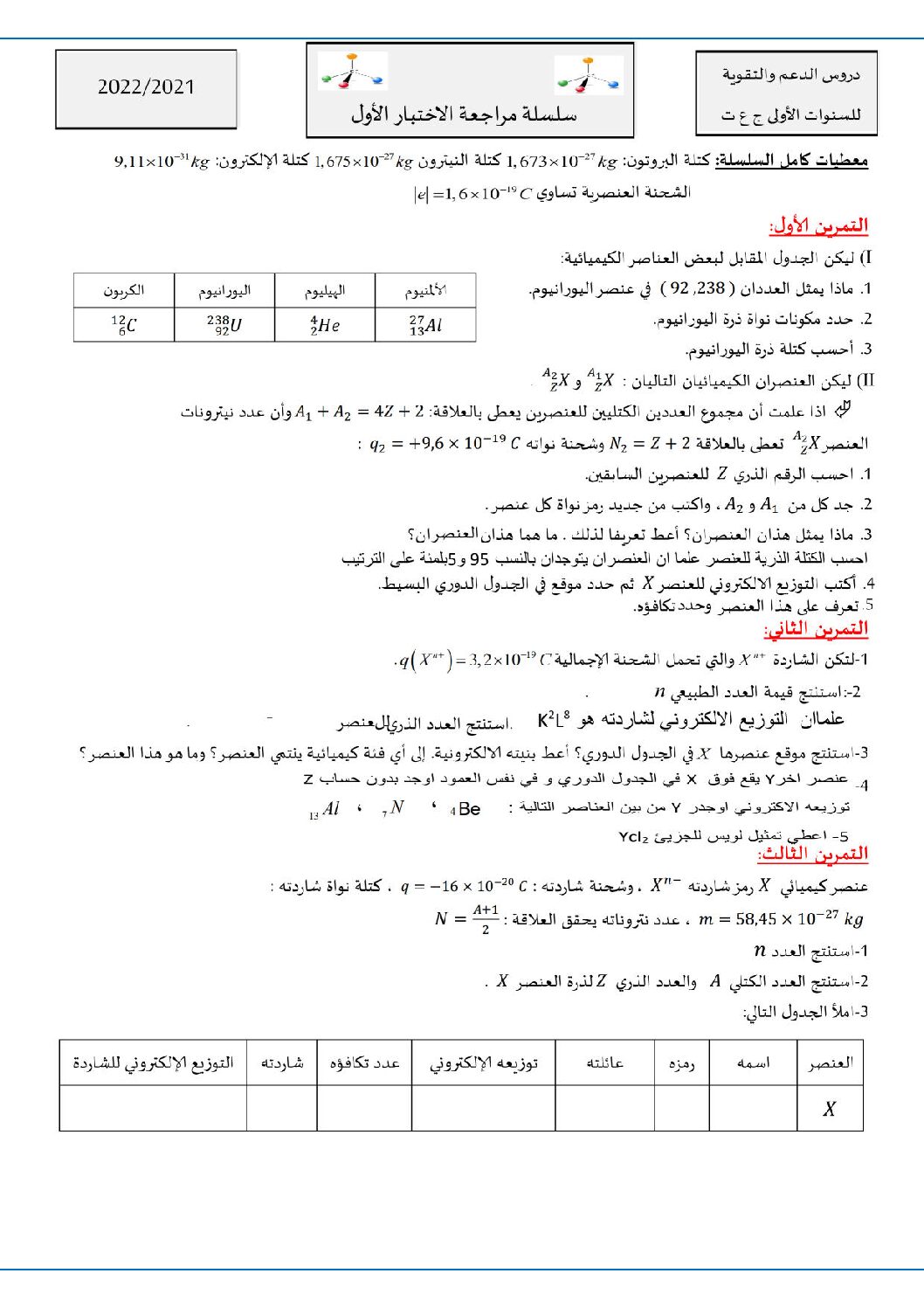 اختبار في العلوم الفيزيائية الفصل الأول السنة الأولى ثانوي رقم 38 مع التصحيح