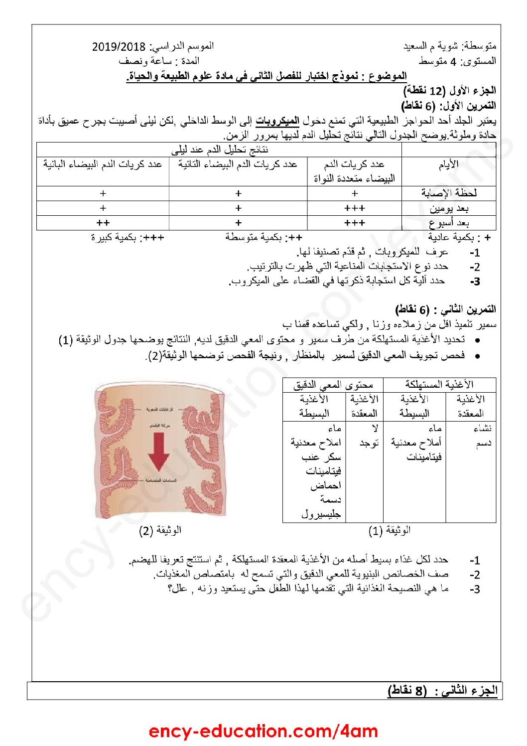 اختبار في العلوم الطبيعية الفصل الثاني السنة الرابعة متوسط رقم 38 مع التصحيح