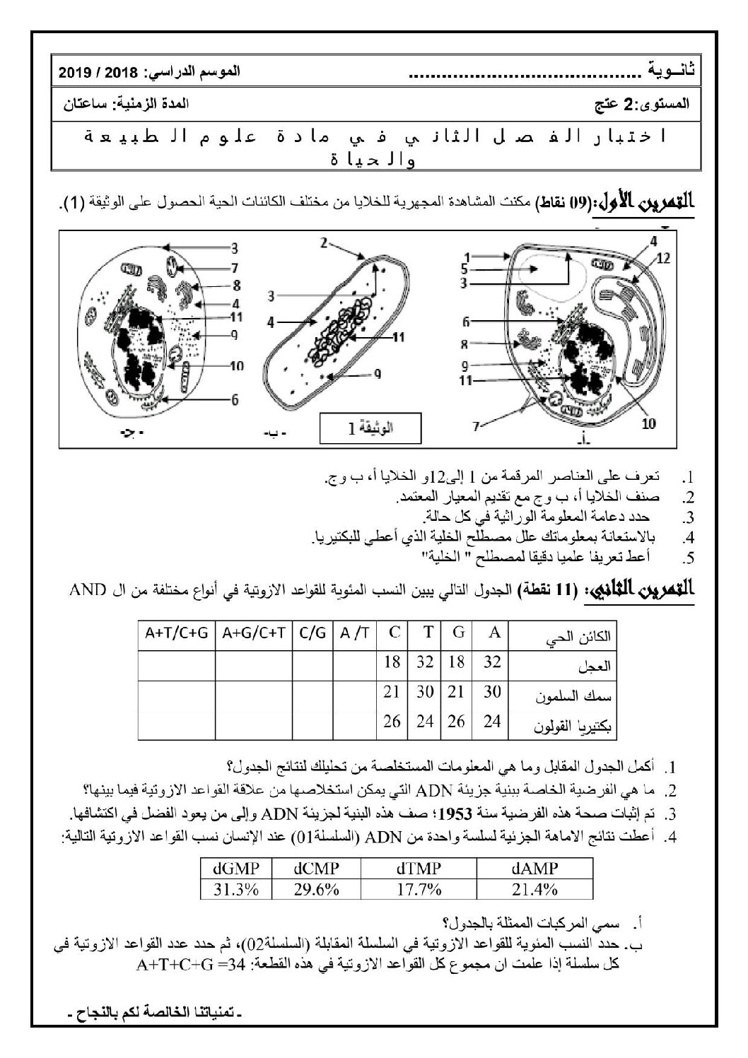 اختبار في العلوم الطبيعية الفصل الثاني السنة الثانية ثانوي علوم تجريبية رقم 38