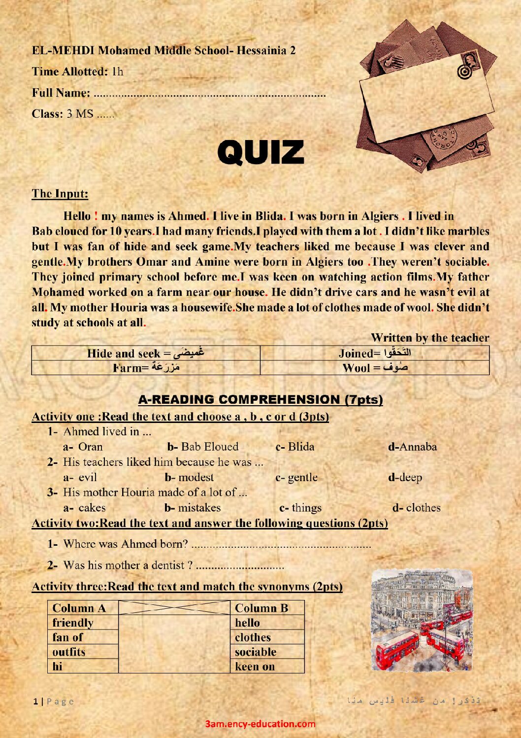 فرض في اللغة الإنجليزية الفصل الثاني السنة الثالثة متوسط رقم 38 مع التصحيح