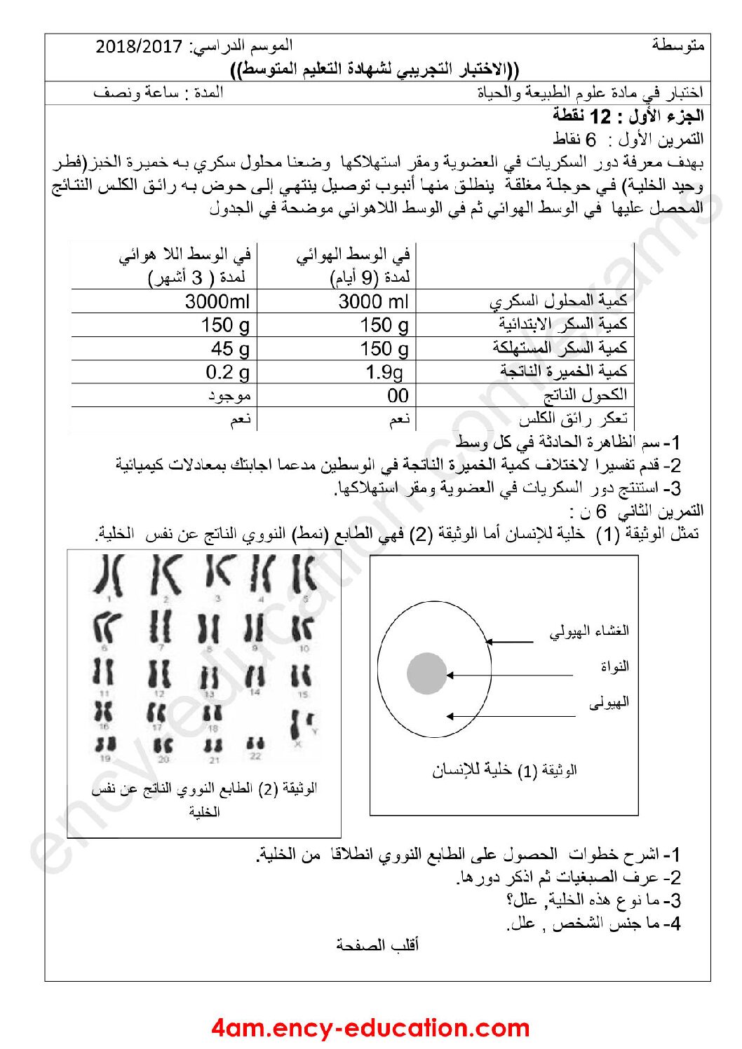 اختبار في العلوم الطبيعية الفصل الثالث السنة الرابعة متوسط رقم 39 مع التصحيح